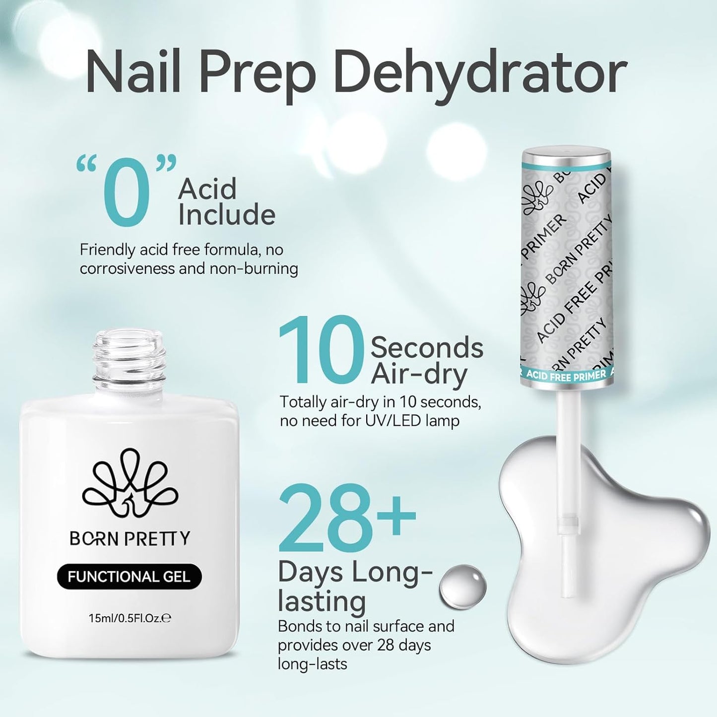 Born Pretty Nail-Primer, Acid Free Natural Nail Bond Nail-Primer for Gel Nail Polish, Non Acid Nail-Primers for U V Gels, Fast Drying Prep Dehydrator Base Varnish Manicure Bonder Liquid 15ml