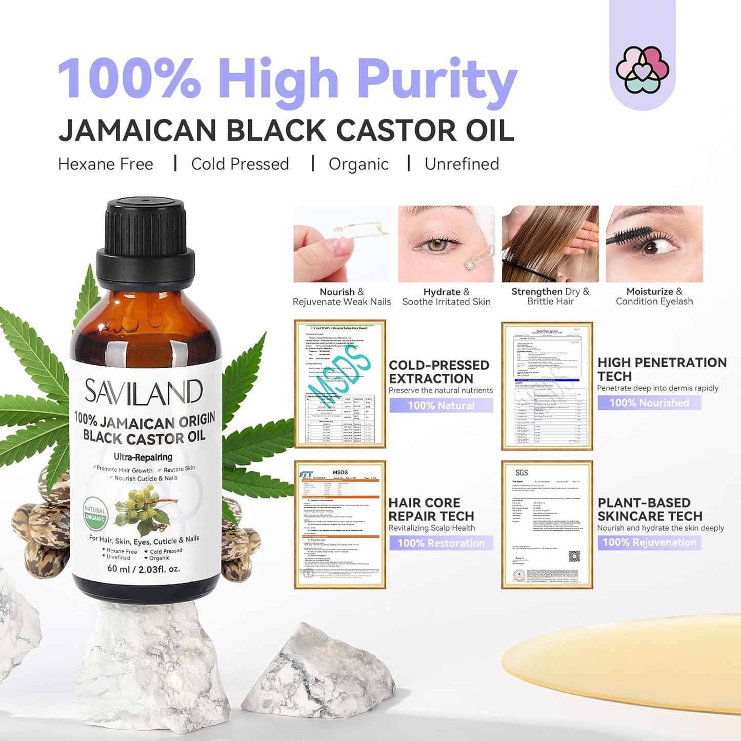 SAVILAND Jamaican Black Castor Oil: 100% Pure, Organic, Unrefined for Hair, Eyebrow, Face, Skin, Body & Home Care