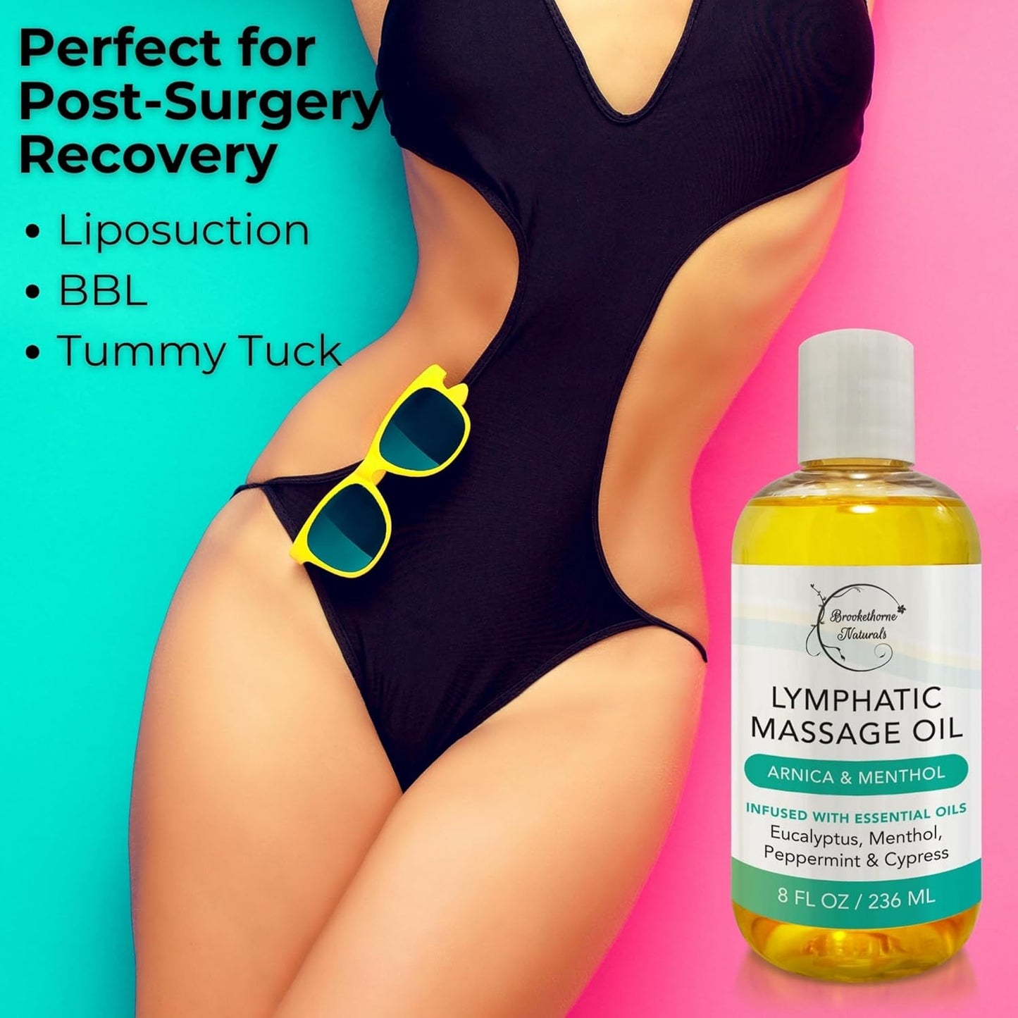 Lymphatic Drainage Massage Oil for Massage Therapy | Premium Quality, 100% Natural with Arnica Eucalyptus & Menthol | for Post Surgery Recovery & Detox | 8oz by Brookethorne Naturals
