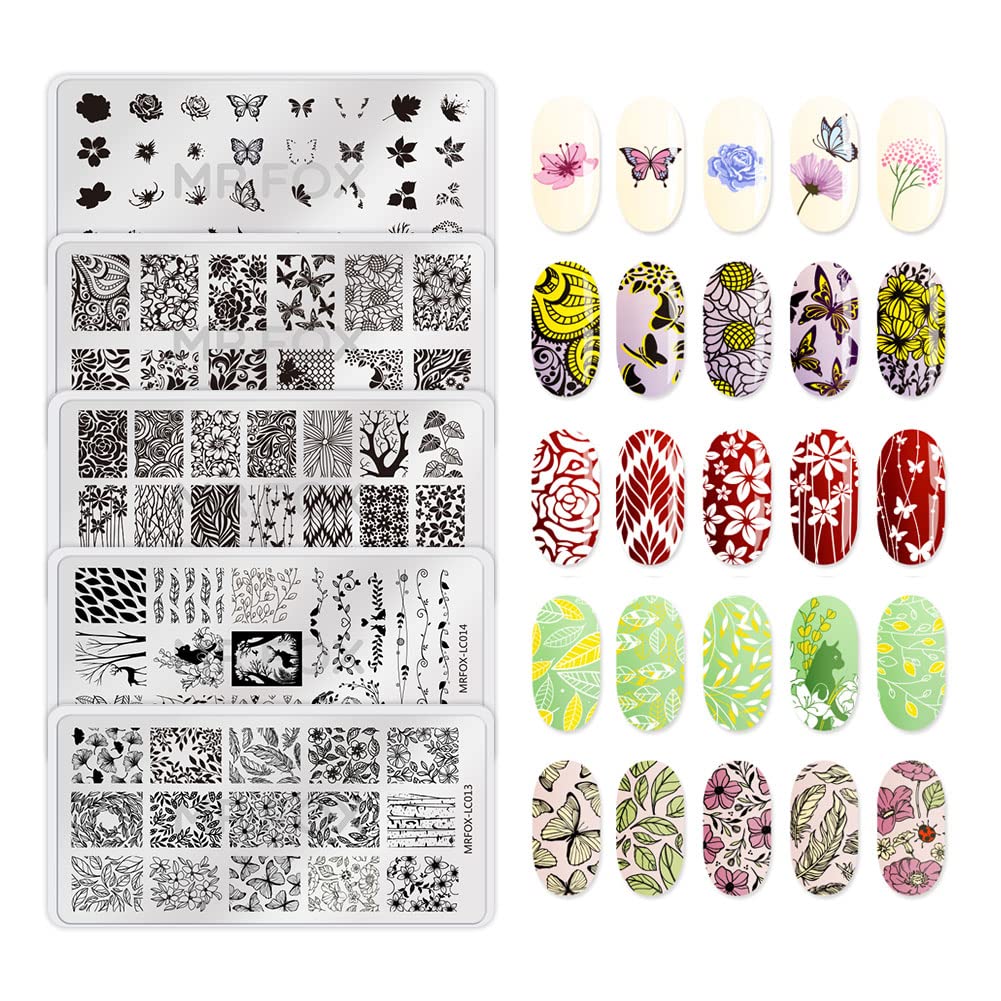 MR.FOX Nail Stamping Plate Set, 5Pcs Nail Art Stamp Kit Templates for Women with Plenty of Images