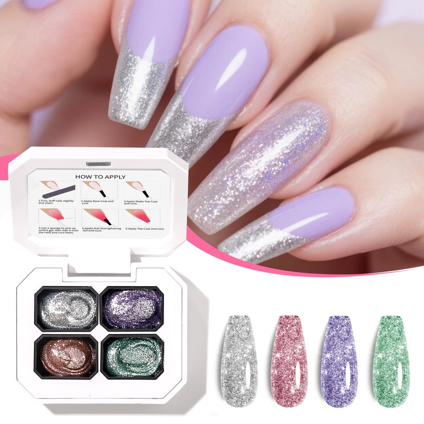 Finger Secret 4 Colors Set Ombre Pat Gel Glitter Nail Polish Shine,Patting Ombre Pigment Palette for Nail with 20Pcs Nail Sponges for Gradient Gel Painting Nail Art Ombre Pat Gel Nail Polish