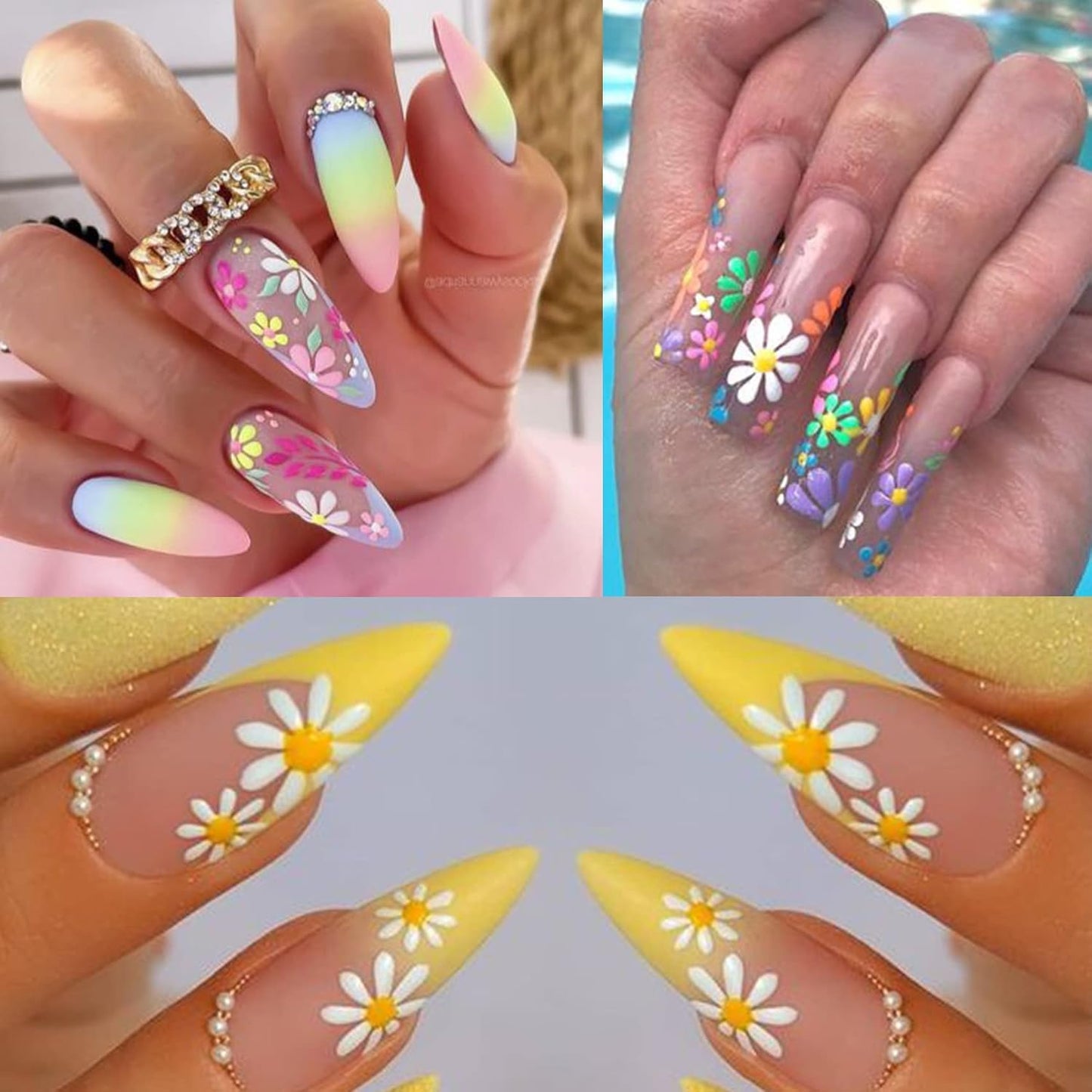 TailaiMei Flower Nail Art Stickers, 5D Embossed Colorful Spring Daisy Nail Decals, Self-Adhesive Design for DIY Decoration (3 Sheets)