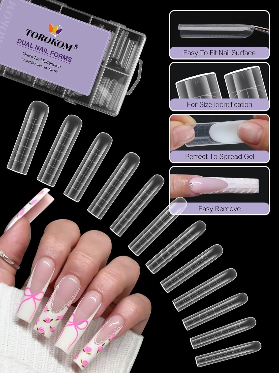 TOROKOM Poly Nail Gel Dual Nail Forms, 120 PCS Poly Nail Gel Long Square Structure Nail Molds for Builder Poly Extension Gel Nail Art Design Salon&DIY