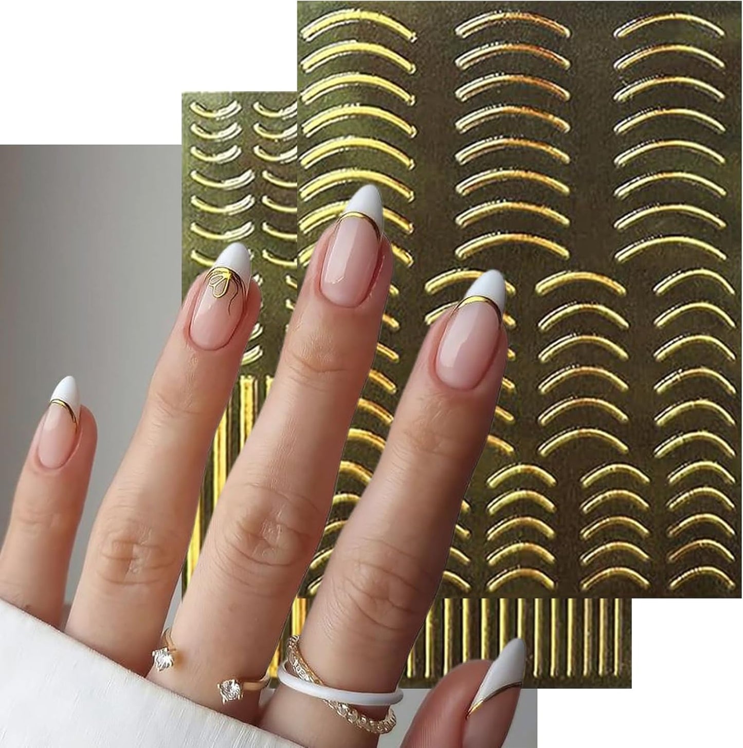 12 Sheets Gold Line Nail Art Stickers - French Smile Waves Strip Self-Adhesive Nail Decals for DIY Geometric Manicure