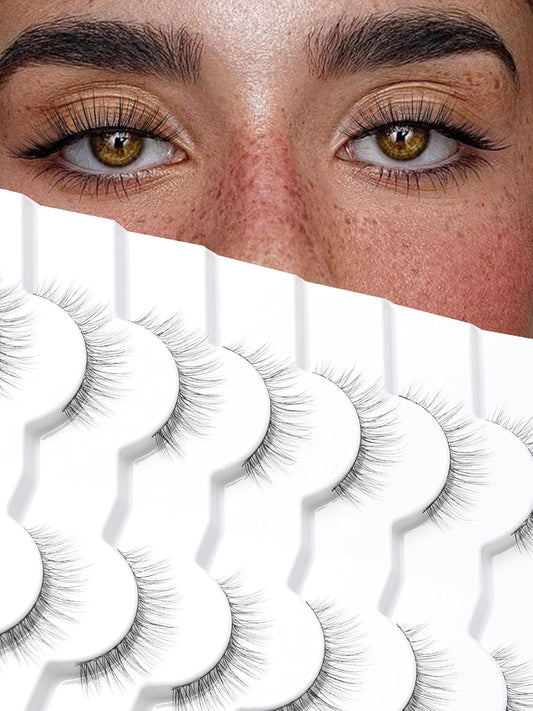 False Lashes Eyelashes Wispy 10MM Short Lash Natural Thin Band Strip Eyelash 3D Volume C Curl 7 Pair