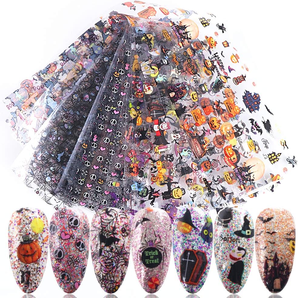 Halloween Nail Foil Set Fall Nail Decals Day of The Dead Nail Art Stickers Pumpkin Cat Designs Charms Nail Decorations DIY Transfer Paper Holographic Nail Decor Wraps Adhesive Accessory 10Pcs/Pack