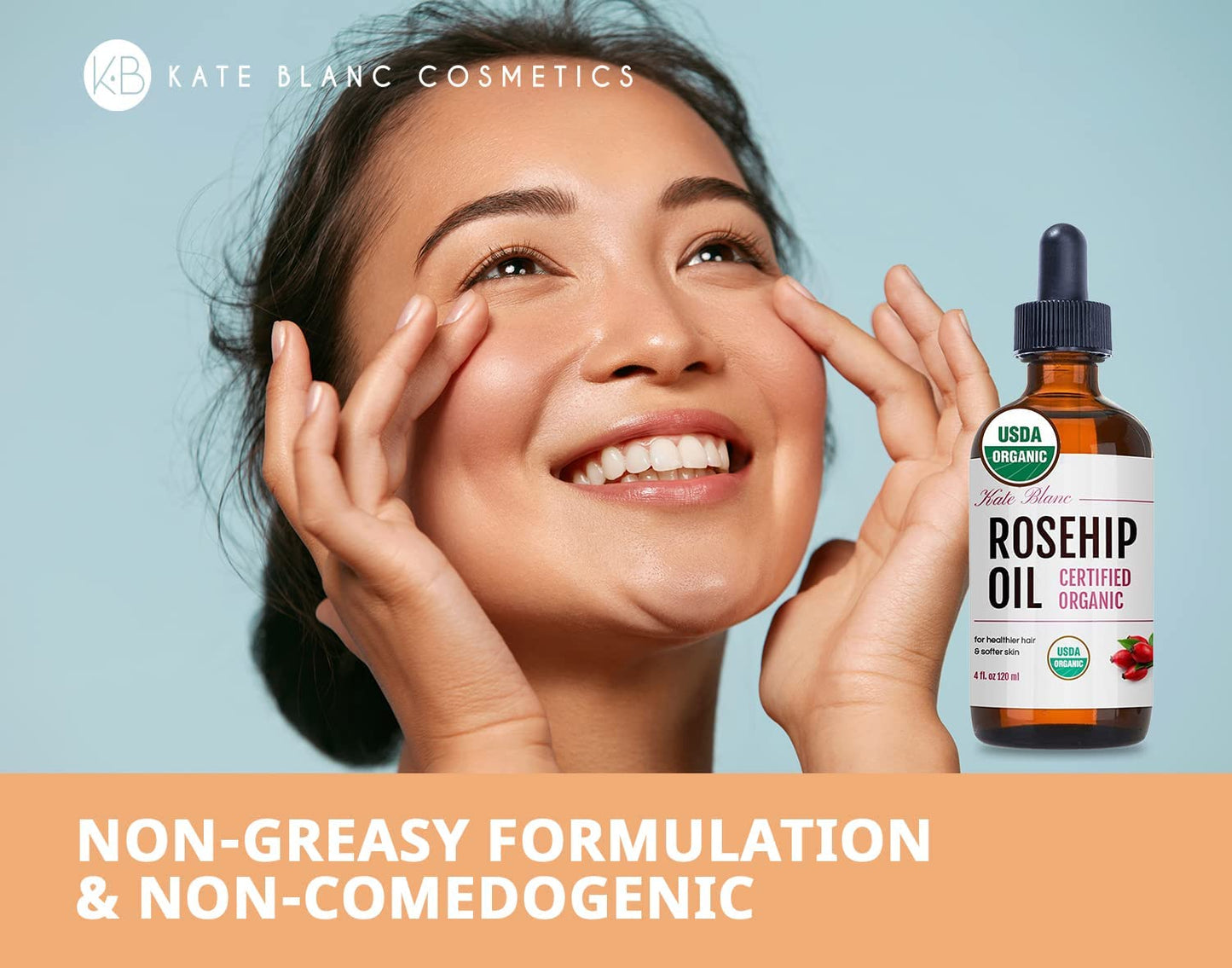 Kate Blanc Cosmetics Rosehip Oil for Face & Skin (4oz, Organic, Pure, Cold Pressed) Rosehip Seed Face Oil for Facial & Gua Sha Massage