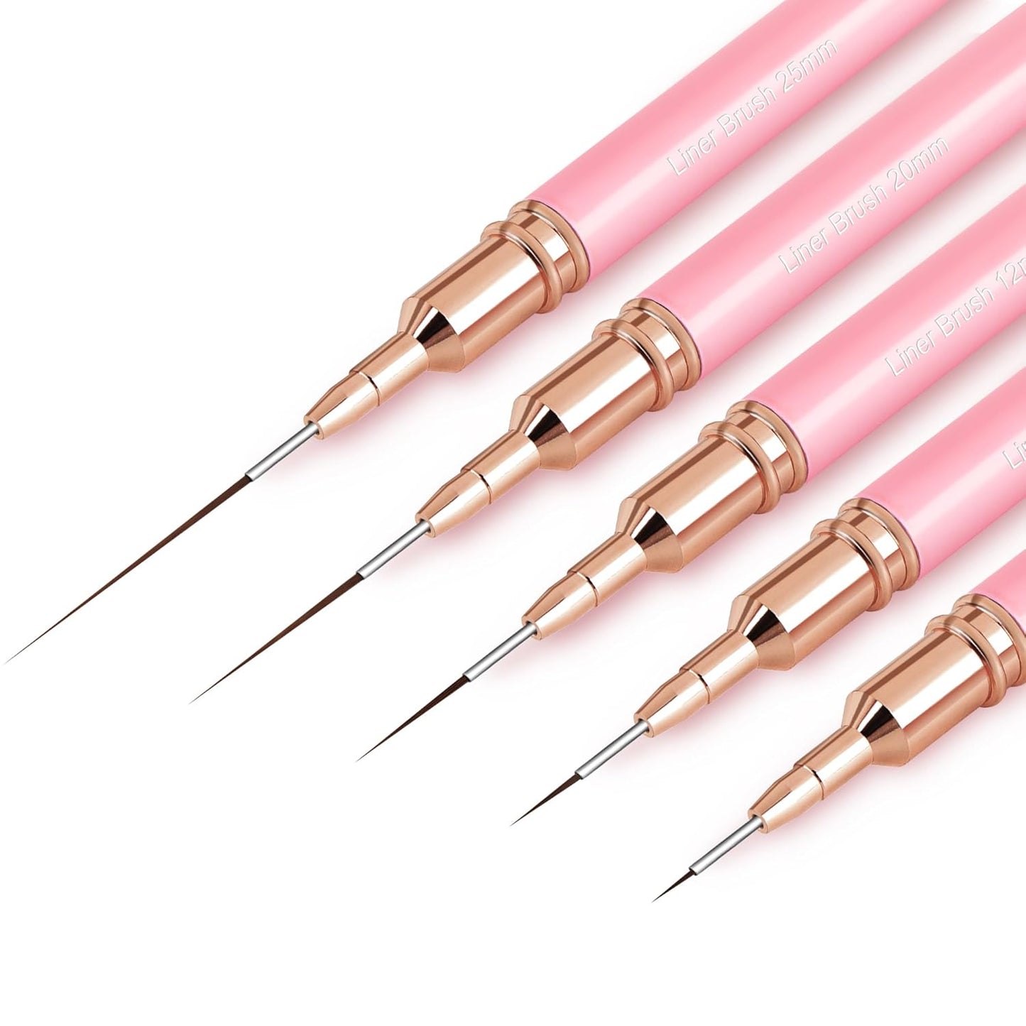 Metallic Nail Art Brushes, 5Pcs Nail Art Liner Brushes, Painting Art Design Brush Set Nail Dotting Drawing Tool for Long Lines, Thin Details, Fine Drawing Sizes 4/8/12/20/25mm, Pink