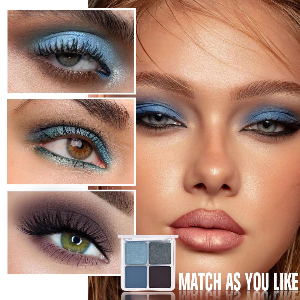 evpct Eyeshadow Quad Palette, Dark Teal Sky Navy Cyan Blue Mauve Purple Taupe Glitter Shimmer Metallic Matte High Pigment Mini Eye Shadow Palette Makeup for older Women Smudge Proof Vegan Cruelty-free