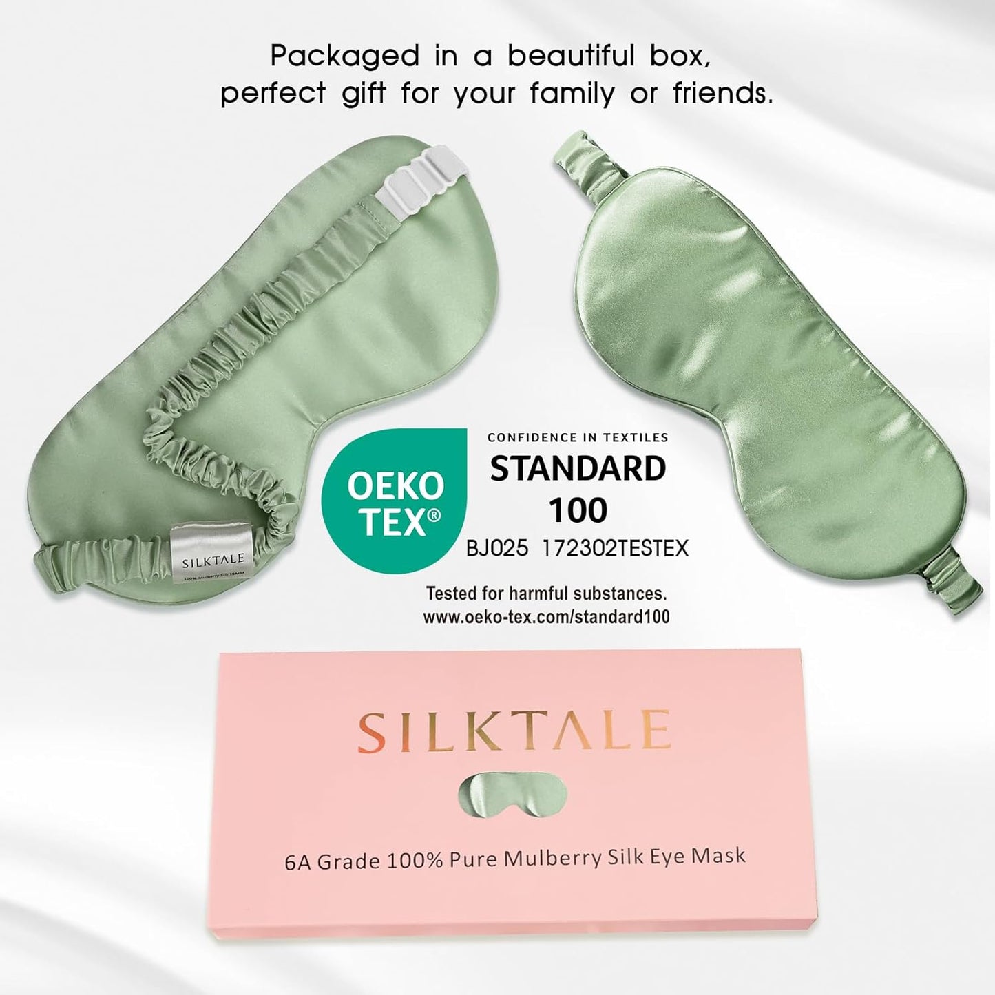 100% Mulberry Silk Eye Mask for Sleeping with Silk Wrapped Adjustable Strap,Sage Green