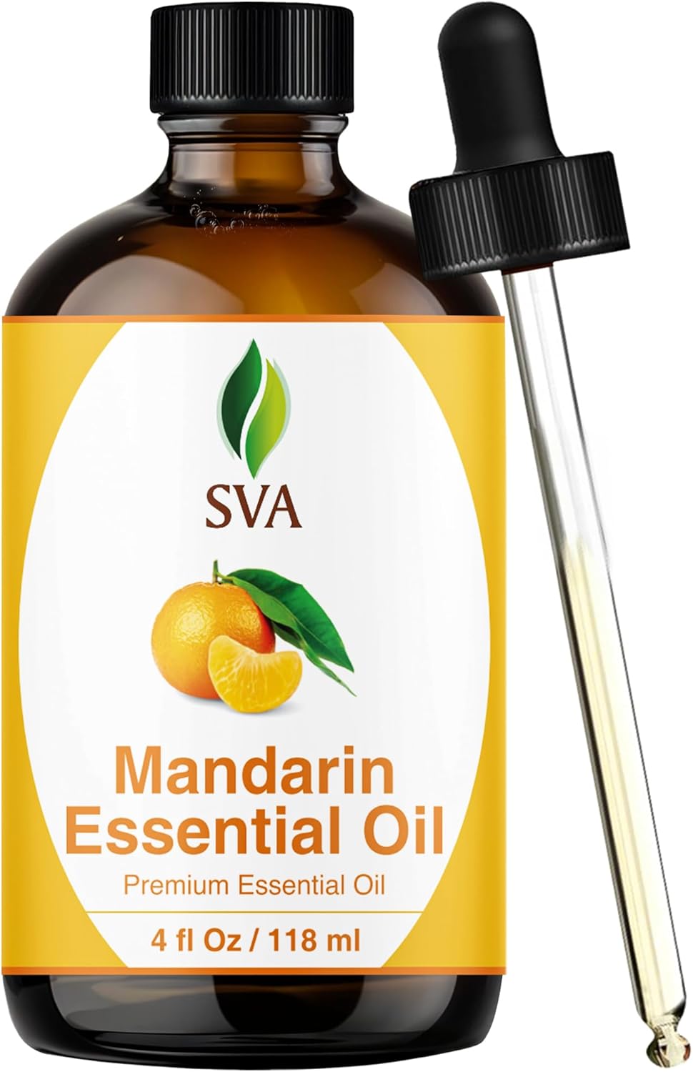 SVA Mandarin Essential Oil – 4 Fl Oz – 100% Natural Mandarin Oil - for Diffuser, Hair Care, Face, Skin Care, Aromatherapy, Scalp and Body Massage, Soap and Candle Making – with Dropper