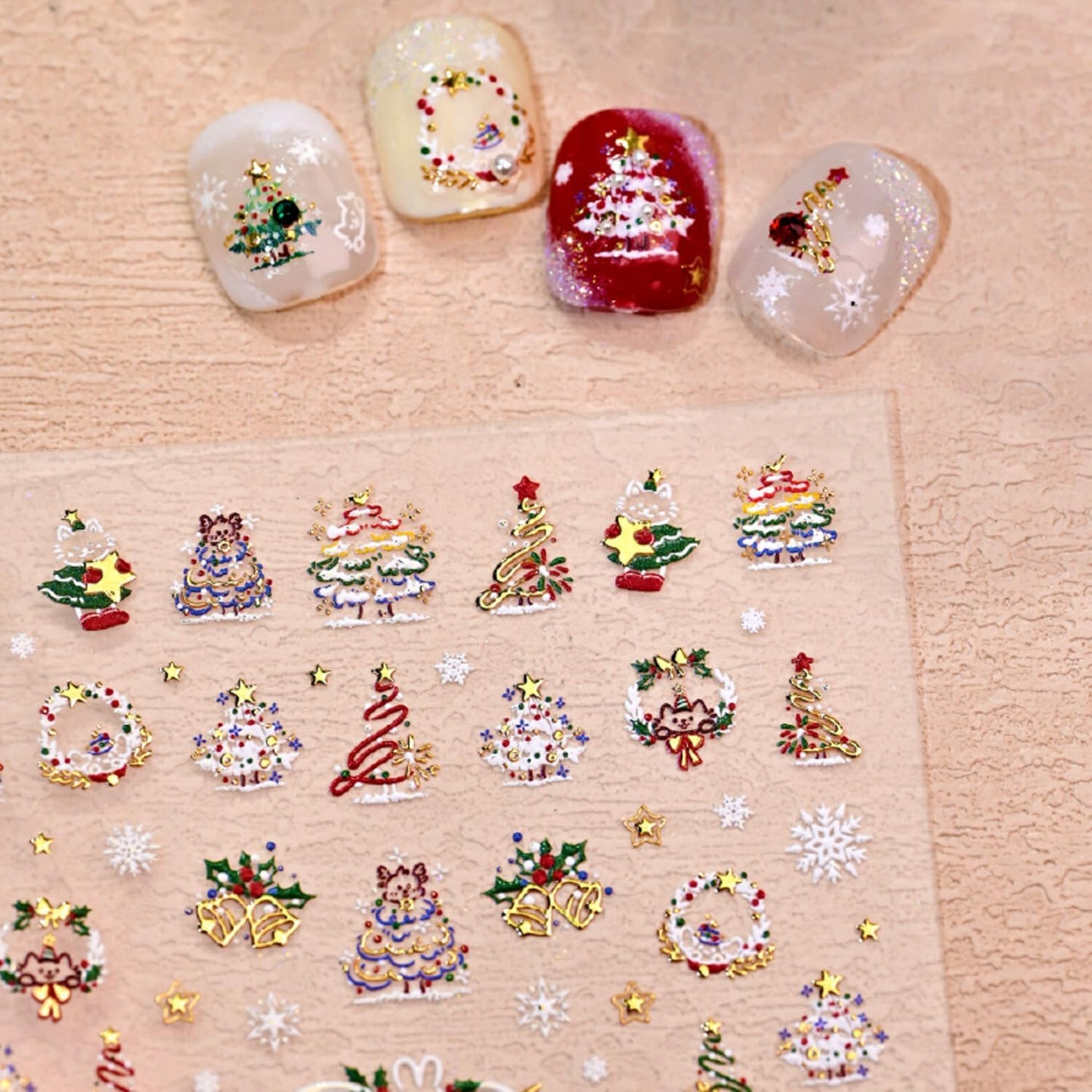 Christmas Nail Stickers for Nail Art Christmas Tree Wreath Bell Candy Glitter Gold Nail Art Stickers 5D Embossed Winter Nail Decals 3D Self-Adhesive Nails Supply Manicure Sliders for Nails Decoration