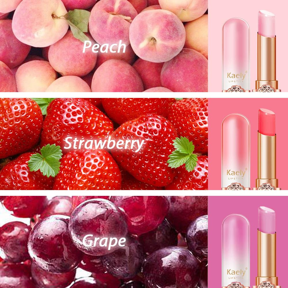 Kaely 3Pcs Peach Strawberry Grape Hydrating Lipstick Tinted Lip Balm, Color Changing PH Lipstick Makeup, Korean Magic Lip Stain Long Lasting Waterproof, labiales magicos 24 horas originales