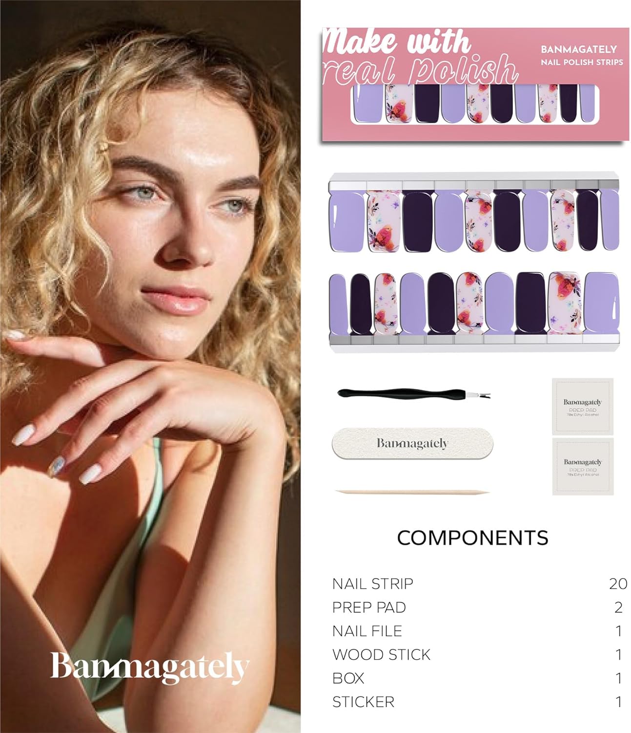 Nail Polish Strips, 20Pcs Salon Quality Gel Nail Stickers, Easy Long Lasting Wraps for Short Nails no UV Light Needed (Purple Bird & Flower)