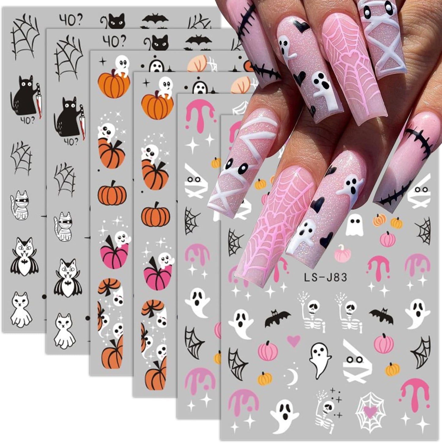 Halloween Nail Stickers 6 Sheets Halloween Self Adhesive Nail Design Stickers Goth Ghost Pumpkin Skeleton Black Cat Bat Nail Art Stickers Supply Halloween Nail Decals for Women DIY Manicure