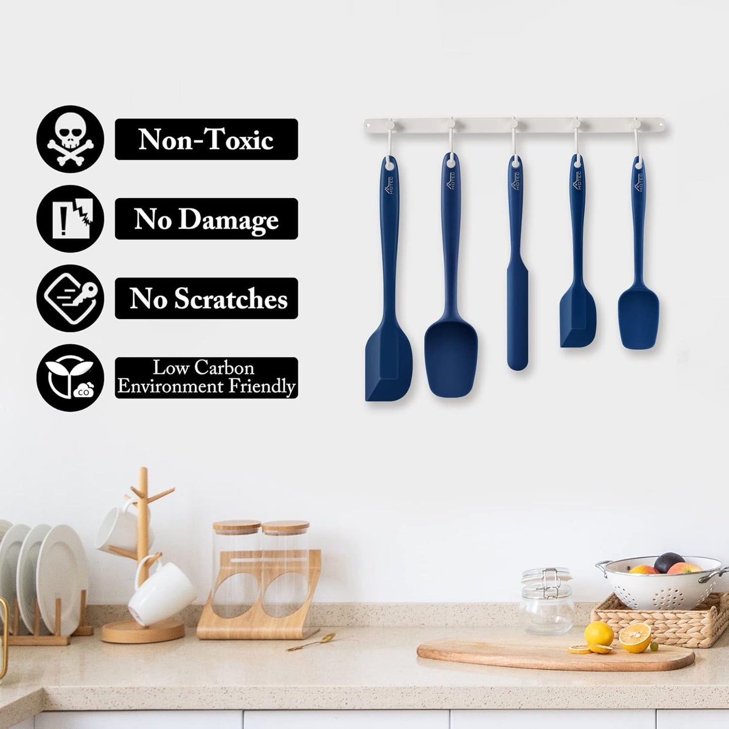 HOTEC 600℉ Heat Resistant BPA-Free Silicone Rubber Spatula Set, Kitchen Cooking Spatulas, Baking, Mixing, for Non Stick Cookware, Dishwasher Safe, Classic Blue Set of 5