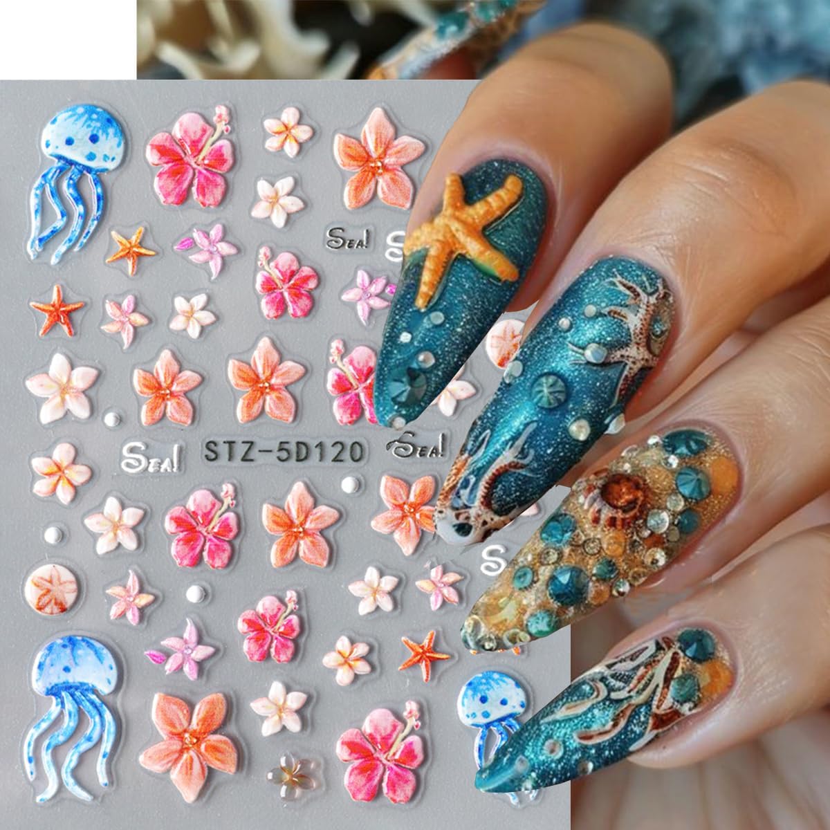 Summer Nail Art Stickers Decals Starfish Jellyfish Flower Nail Stickers Self Adhesive Nail Design 5D Embossed Nail Decals Ocean Theme Summer Manicure Sliders Accessories for Women DIY Nails Decoration