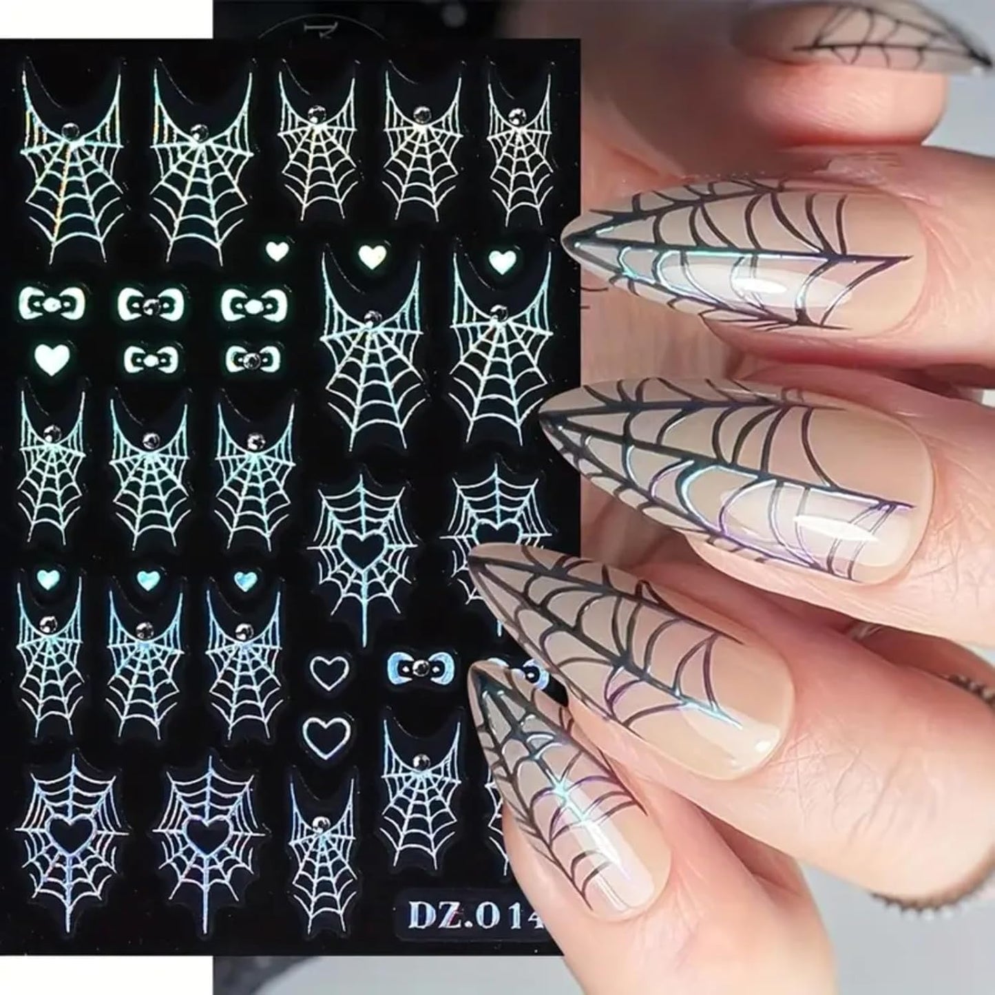 Halloween Nail Art Stickers Decals 4PCS Laser Silver Spider Web Spider Nail Decals with Rhinestone Spider Web Bow Heart Spider Nail Art Supplies Cute Nail Stickers for Women Halloween Manicure Decor