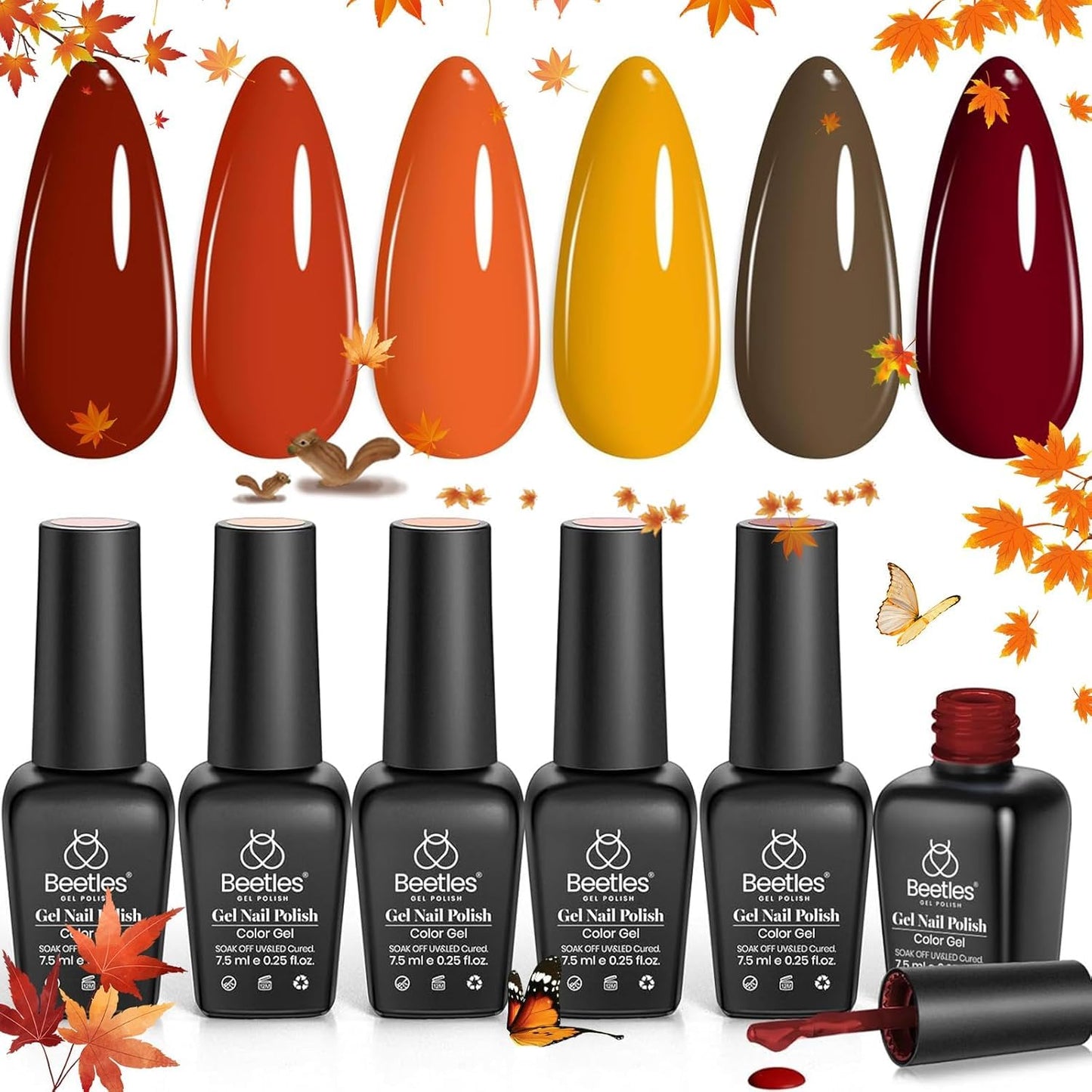 Beetles Fall Gel Nail Polish Set - 6 Colors Burgundy Red Orange Yellow Brown Gel Polish Kit for Nails, Autumn Leaves Soak Off UV LED Nail Gel Manicure at Home Gifts for Women