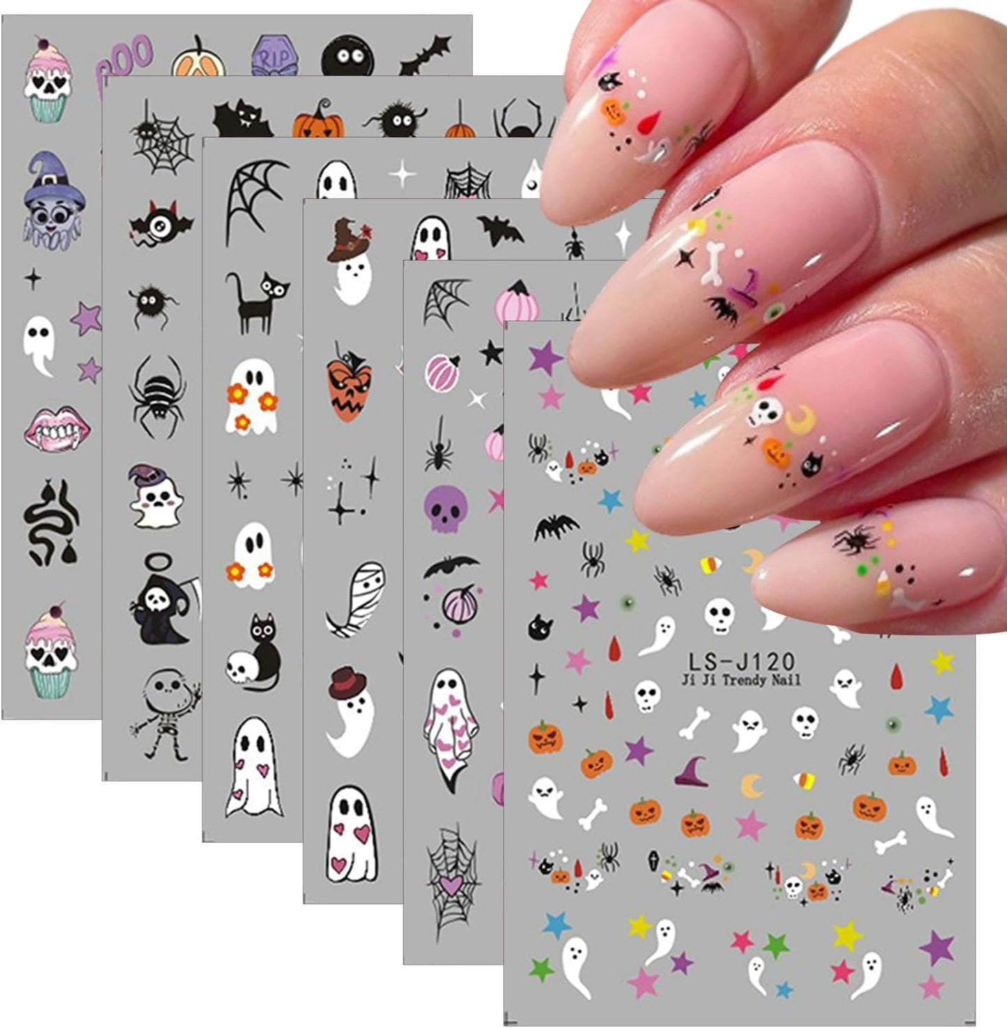 6 Sheets Cute Ghost Nail Art Stickers Halloween Nail Decals 3D Self-Adhesive Spider Bat Pumpkin and Bone Design Nail Sticker Halloween Acrylic Nail Art Decoration for Women DIY Holiday Manicure Tip