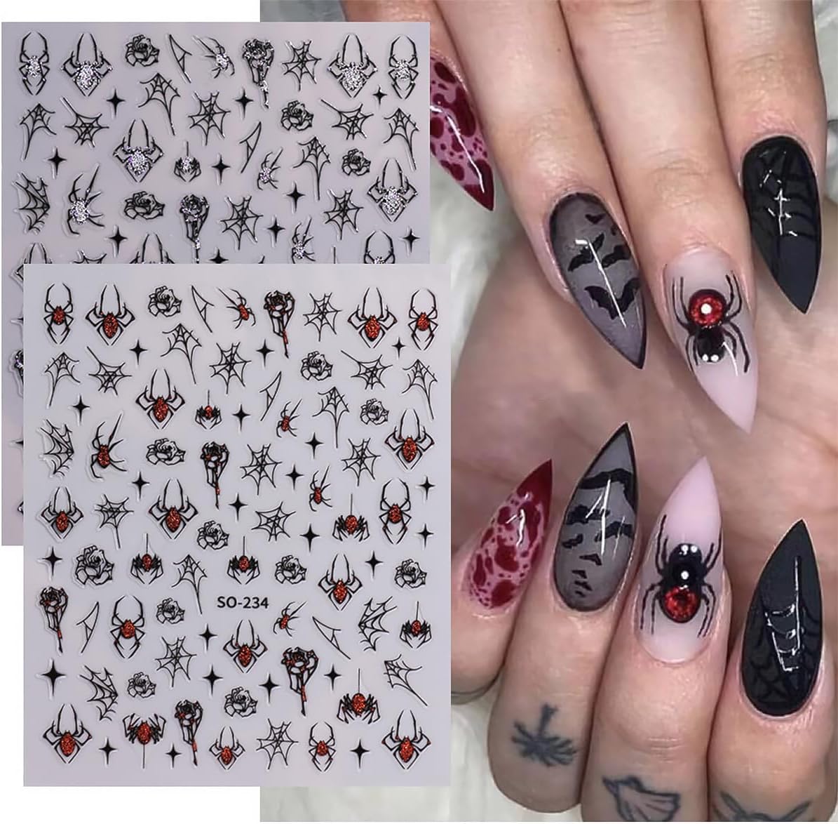 8 Sheets Strawberry Spider Halloween Nail Stickers - 3D Self-Adhesive Decals for Nail Art Design - Red, Black, Silver French Nail Art Supplies for Women