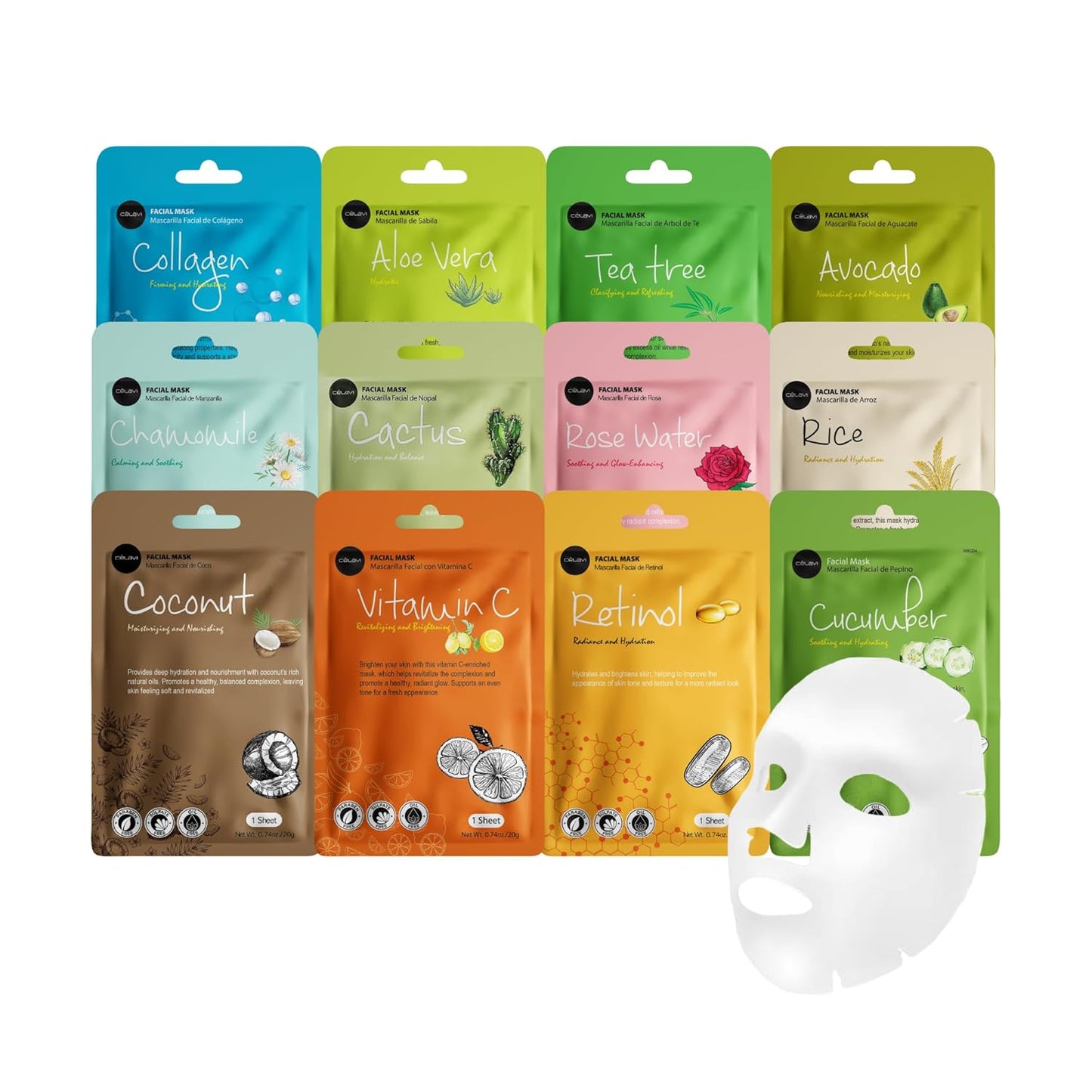 Celavi Essence Facial Face Mask K-Beauty Skincare Korea Skin Care Moisturizing 12 Pack B Set