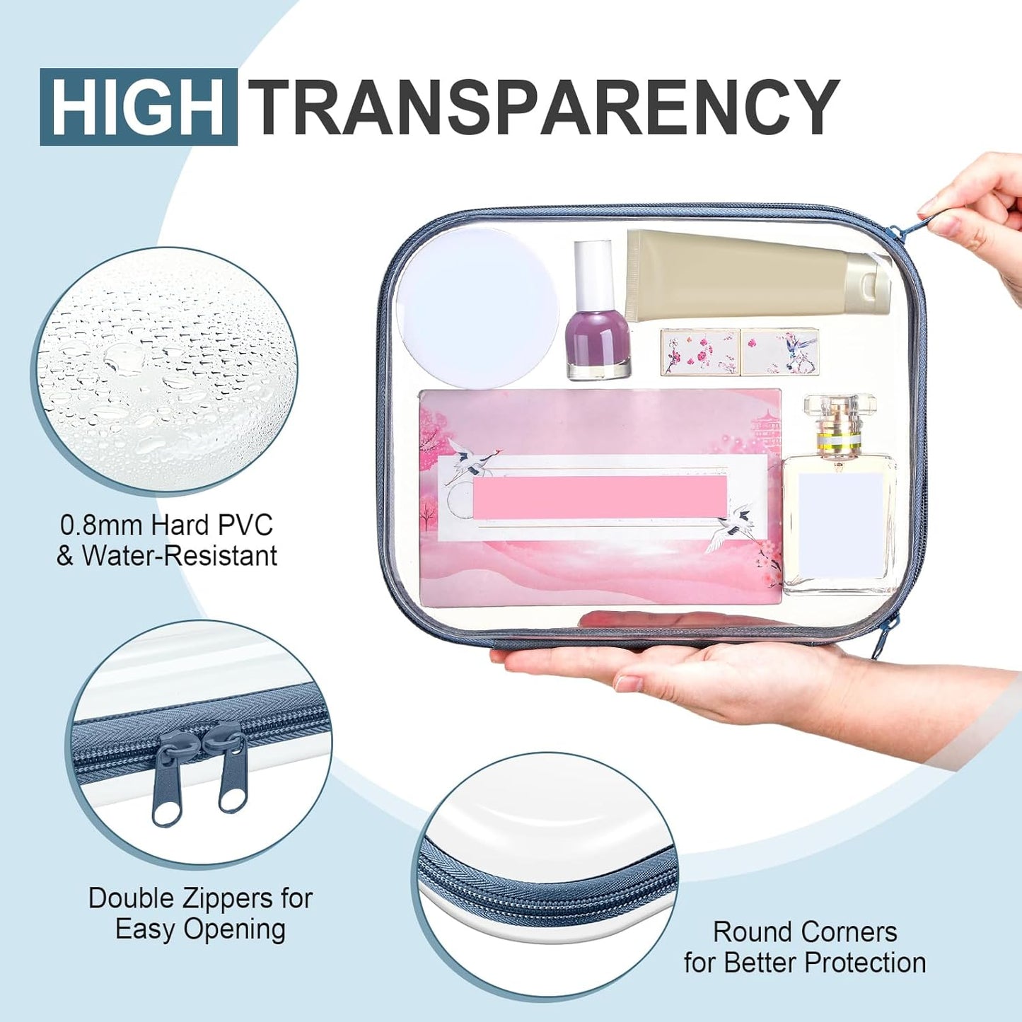 Hoolerry 4 Pcs Hard Clear Zipper Case Makeup Bags Plastic Pencil Pouch Transparent Storage Box Containers for Cosmetics, Snacks, Building Blocks, Puzzles(Morandi,9.8 x 7.9 x 2 in)