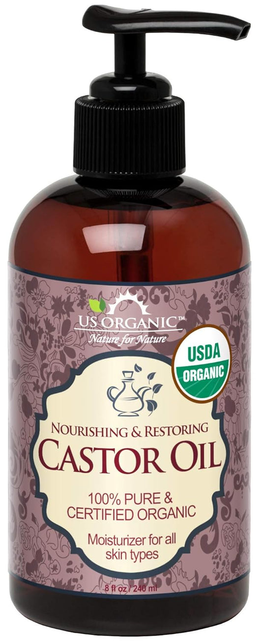 US Organic Castor Oil, USDA Certified Organic,Expeller Pressed, Hexane Free, 100% Pure & Natural moisturizing and emollient properties, For Skin, Hair Care, Eyelashes, DIY projects (8 oz (240 ml))