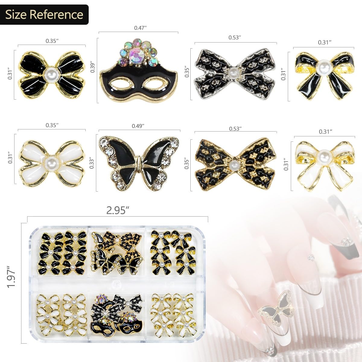36Pcs Elegant Cute Charms for Nails Bow Butterfly Mask Luxury Kawaii Black White Rhinestones Pearls 3D Alloy Gems Cute Nail Art Charms for Acrylic Nails Face DIY Crafts Tumblers Bottles Shoes