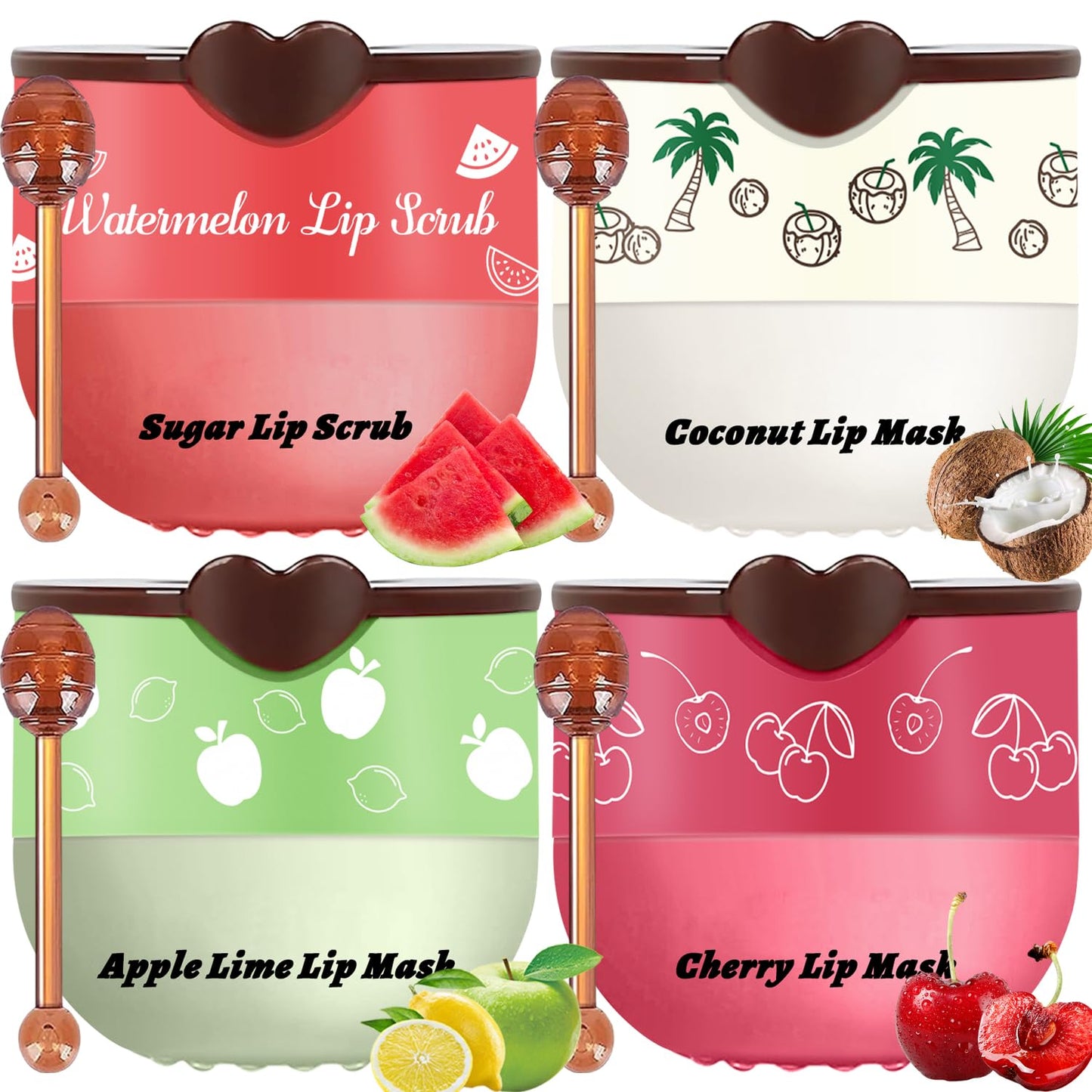 4 PCS Bee Lip Balm Lip Mask Honey Pot Lip Mask & Lip Scrub Set, Watermelon & Cherry & Coconut & Apple Lime Lip Mask Propolis Moisturizing Lip, Hydrating Prevention Dry and Cracked