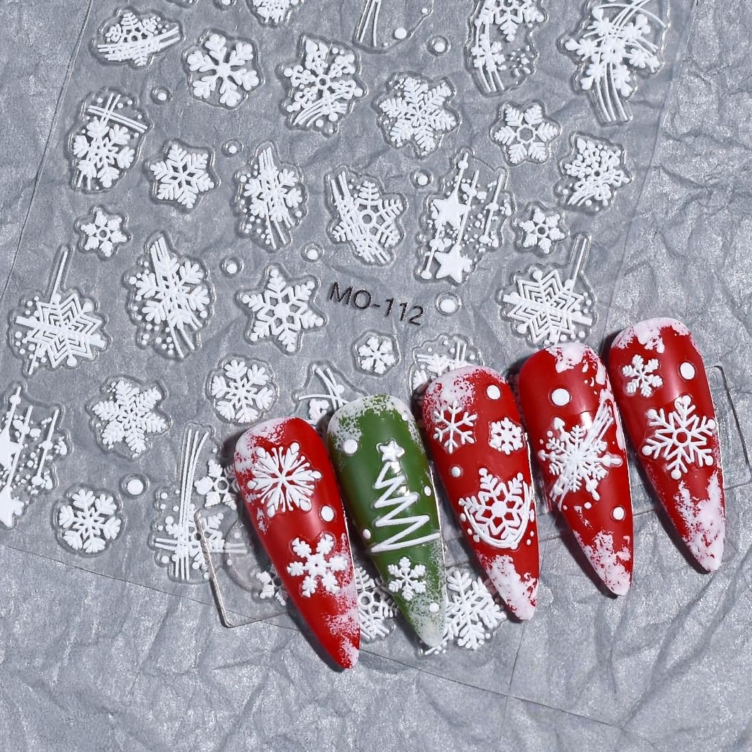 Christmas Nail Art Stickers 3 Sheets 5D Embossed Self Adhesive Nail Decals Snowflake Santa Claus Christmas Tree Elk Reindeer Bow Tie Designs Nail Stickers for Women DIY Manicure Supplies Holiday Gift