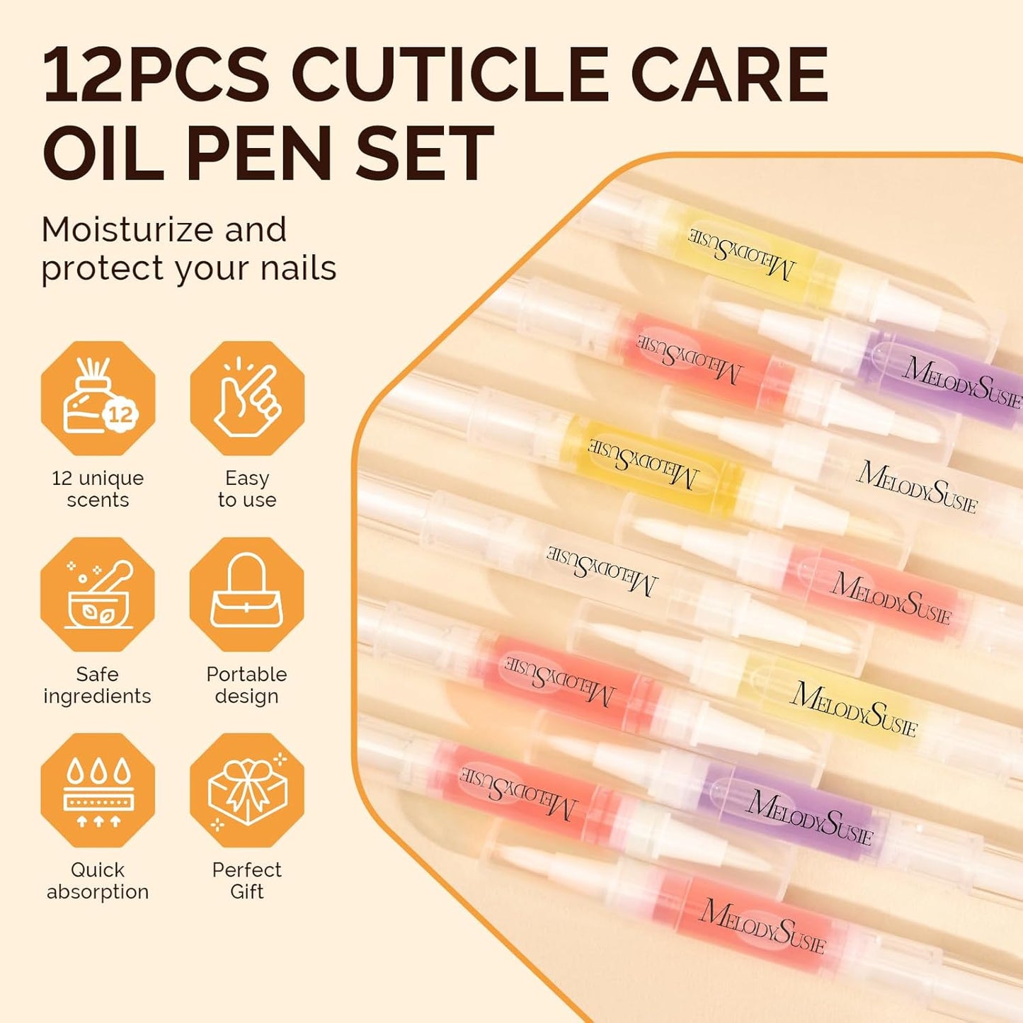 MelodySusie 12Pcs Cuticle Oil Pen Set,Nail Moisturizing Cuticle Oil Enriched with Vitamin E,Softens and Repairs cuticles,Nail Strengthener,Protects Damaged Skin,Thin Nails