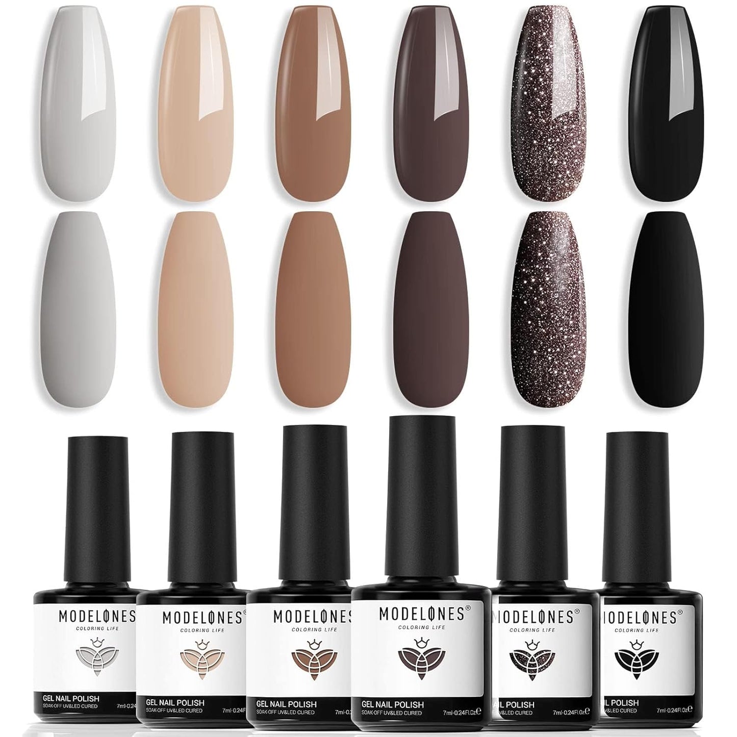 modelones Gel Nail Polish Set, 6 Colors Fall Winter Chocolate Brown Black Nude Glitter Gel Polish Kit Neutral Soak Off Nail Art Salon Design French Manicure DIY at Home Gifts for Women Girls