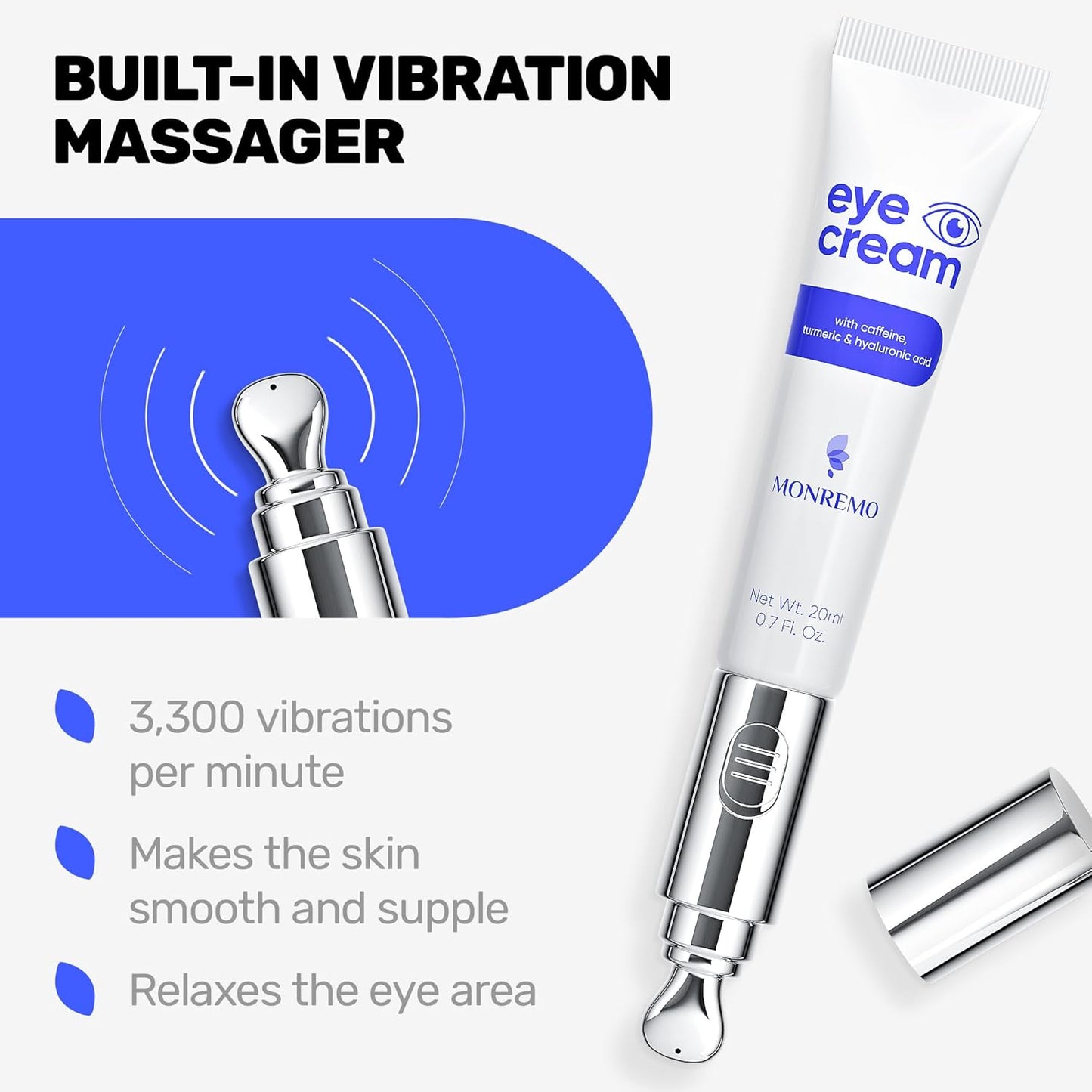 Under Eye Cream with Caffeine, Turmeric & Hyaluronic Acid | Vibrating Applicator & Snail Mucin | Anti-Aging Treatment to Reduce Wrinkles, Dark Circles, Puffiness, Bags Intense Hydration 0.7 oz