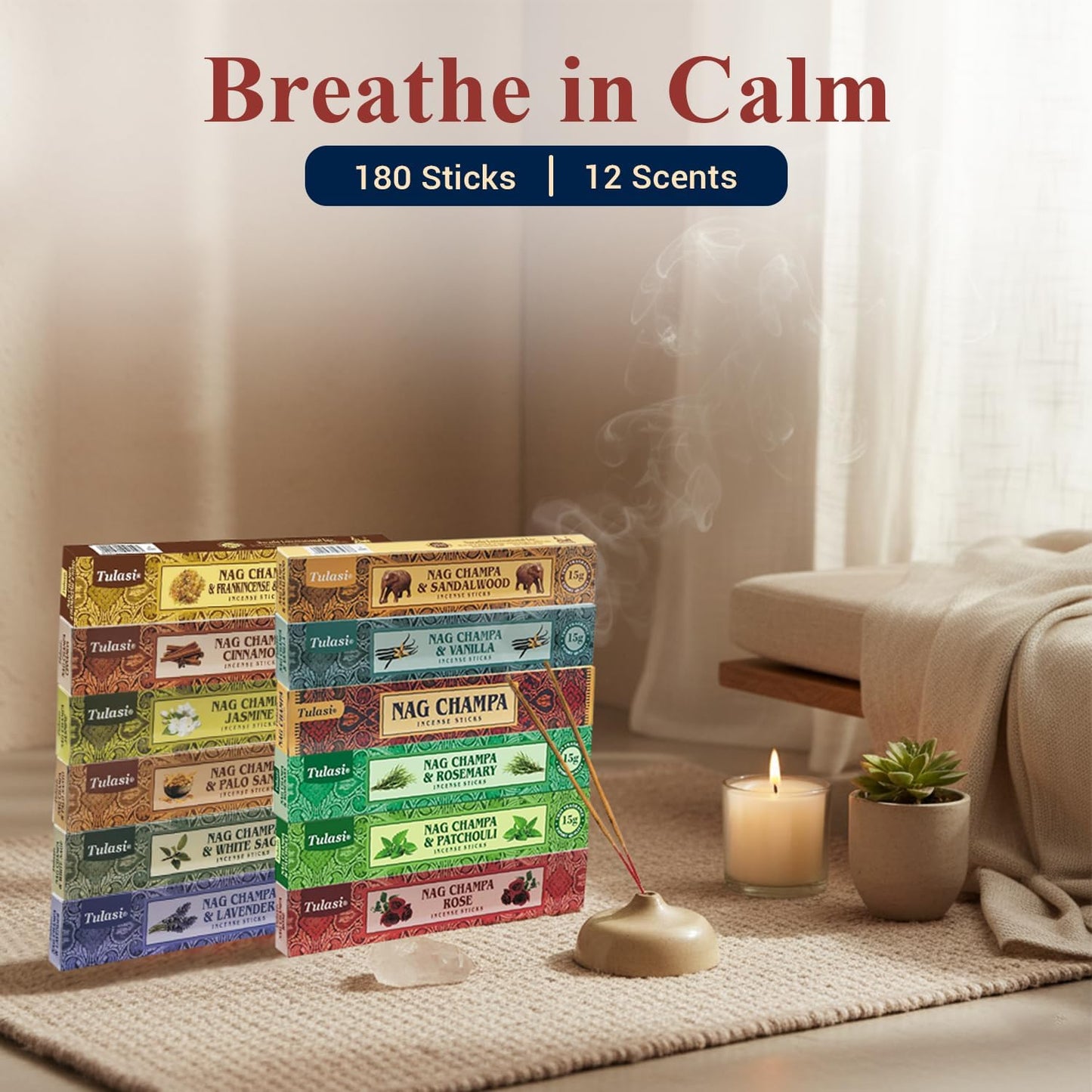 Nag Champa Incense Sticks with Natural Oils, Assorted Incense Set of 12 Scents - Lavender, Rose, Sandalwood, Vanilla, White Sage, Cinnamon, Rosemary etc, Positive Aroma for Meditation, Yoga & Prayer