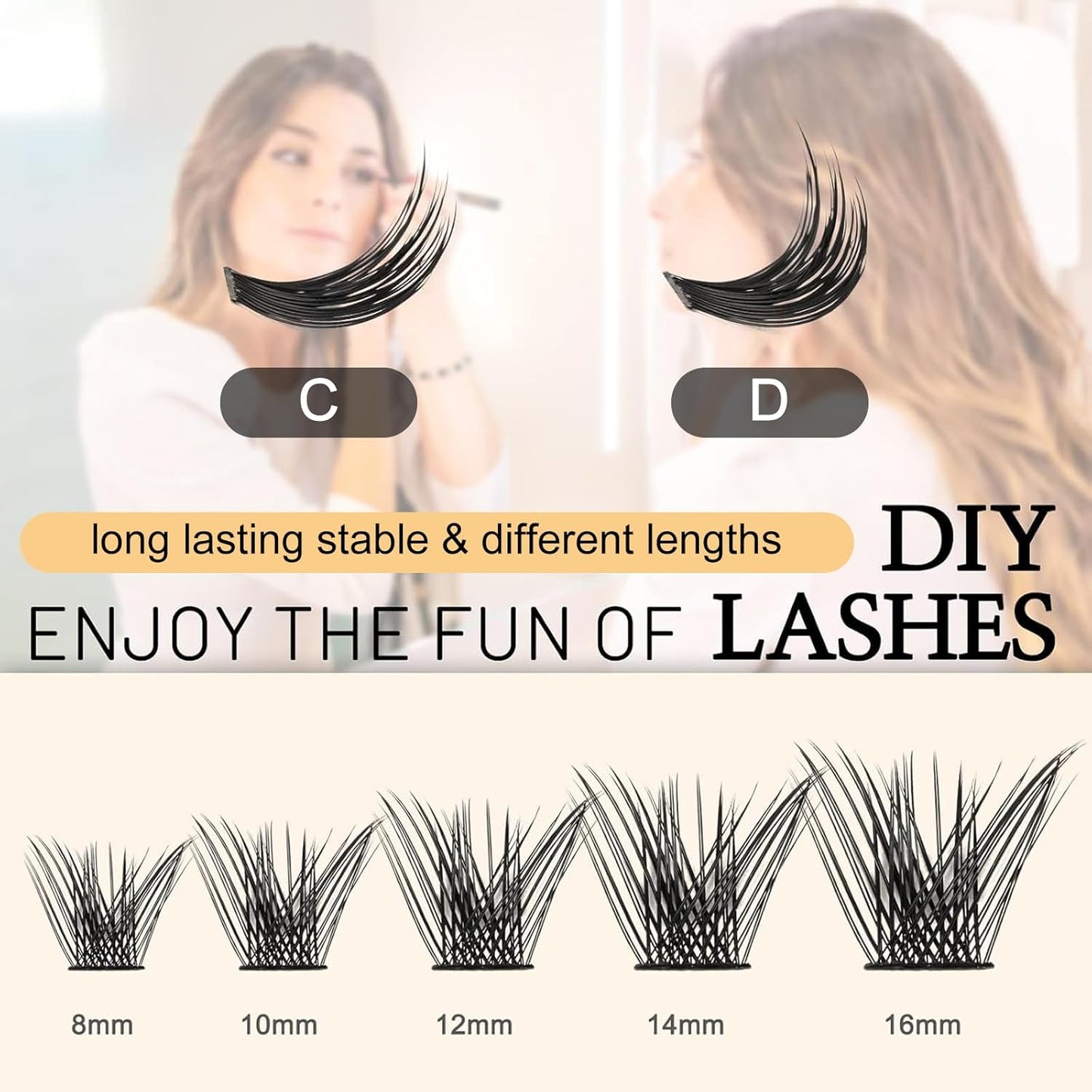 QUEWEL Cluster Lashes 72 Pcs Wide Stem Individual Lashes C/D Curl 8-16mm Length DIY Eyelash Extension False Eyelashes Soft for Personal Makeup Use at Home (H03-C-16)
