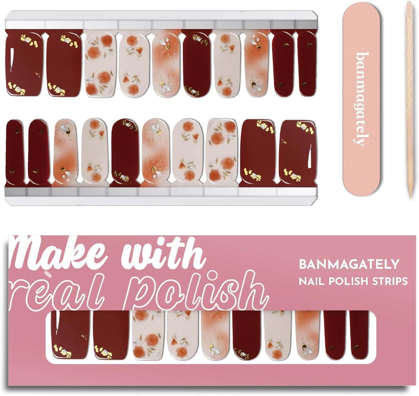 Nail Polish Strips, 20Pcs Salon Quality Gel Nail Stickers, Easy Long Lasting Wraps for Short Nails no UV Light Needed (Beautiful Roses)