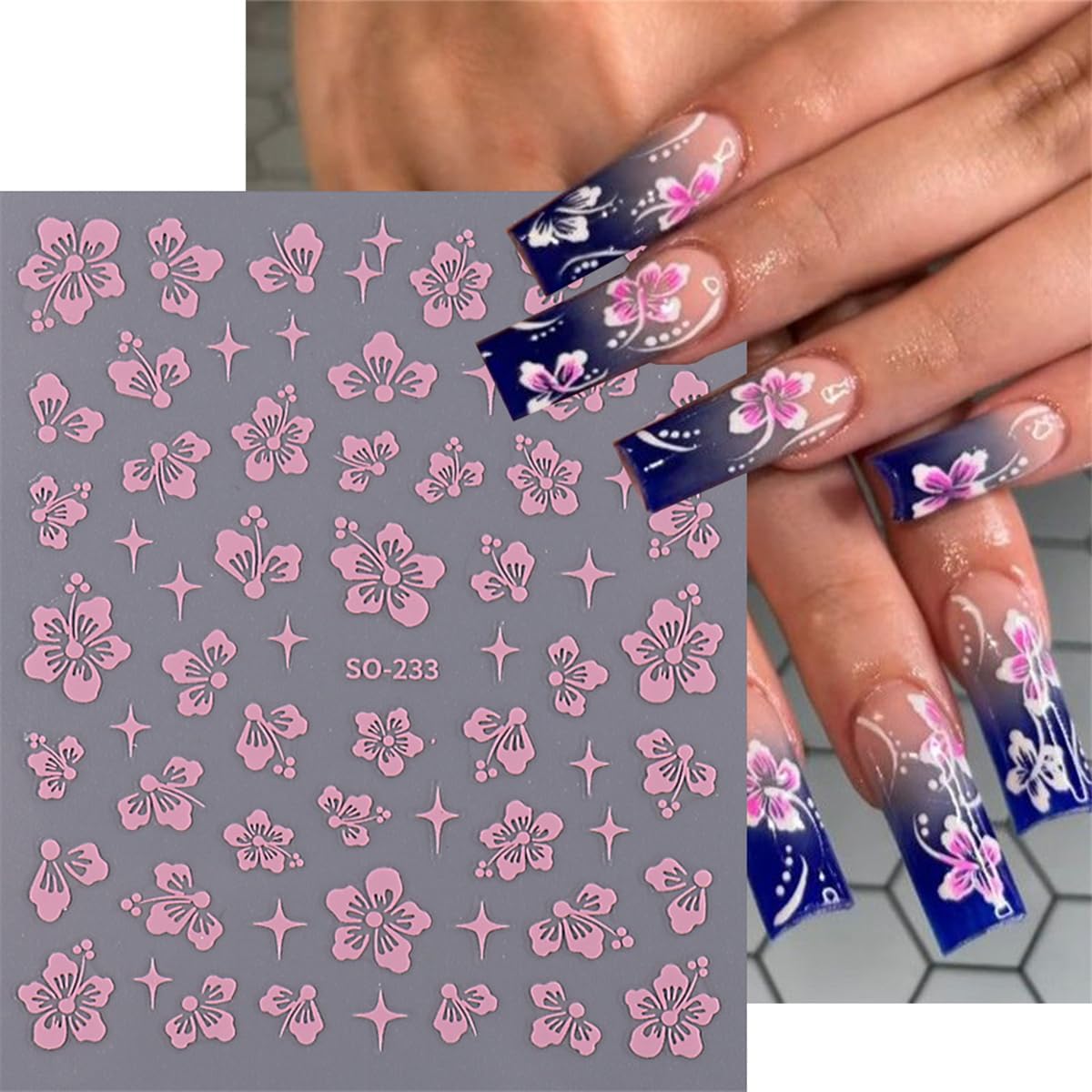 6 Sheets 3D Flowers Nail Art Stickers - Self Adhesive Decals in Gold, Silver & White/Blue/Pink for DIY Manicure
