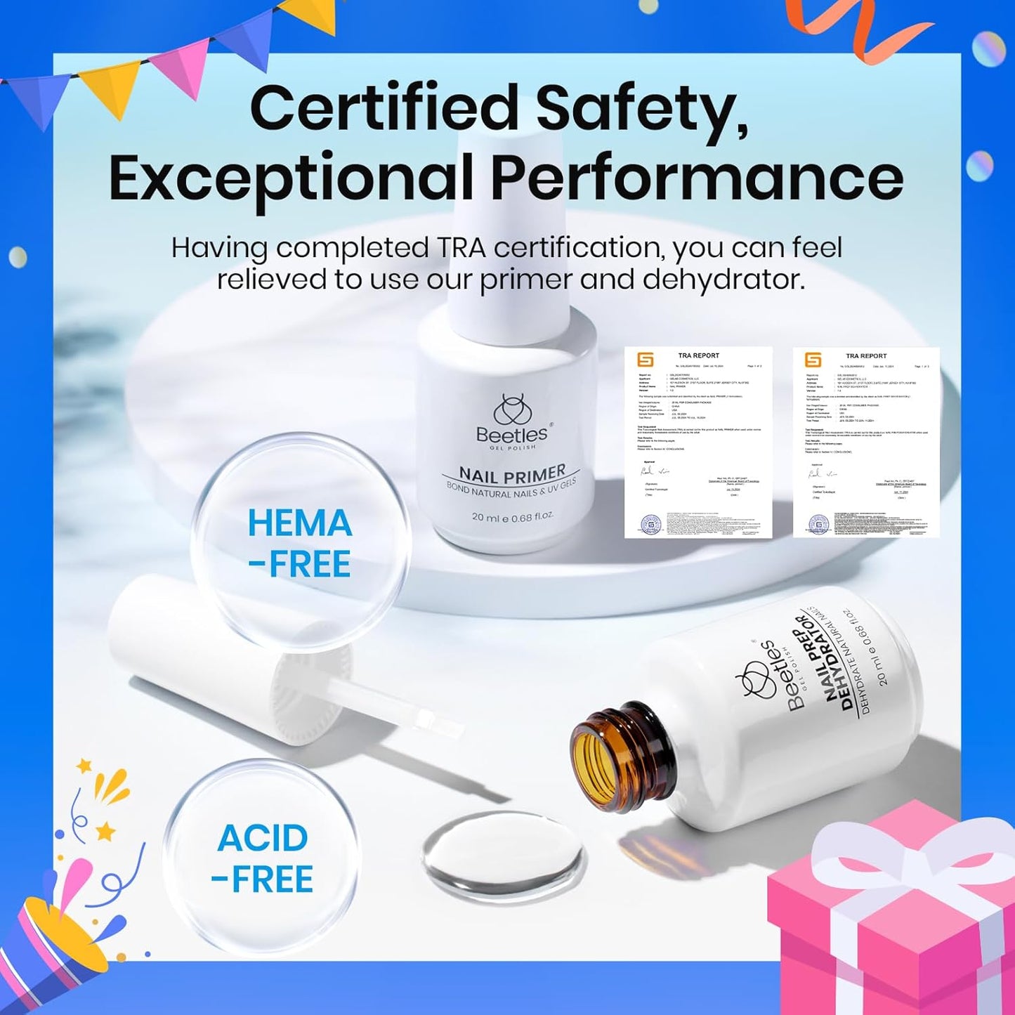 Beetles 20ml 2Pcs Nail Dehydrator and Primer, Large Capacity Acid Free Acrylic Nail Prep Dehydrate and Primer for UV Gels Superior Bonding Professional Salons Set