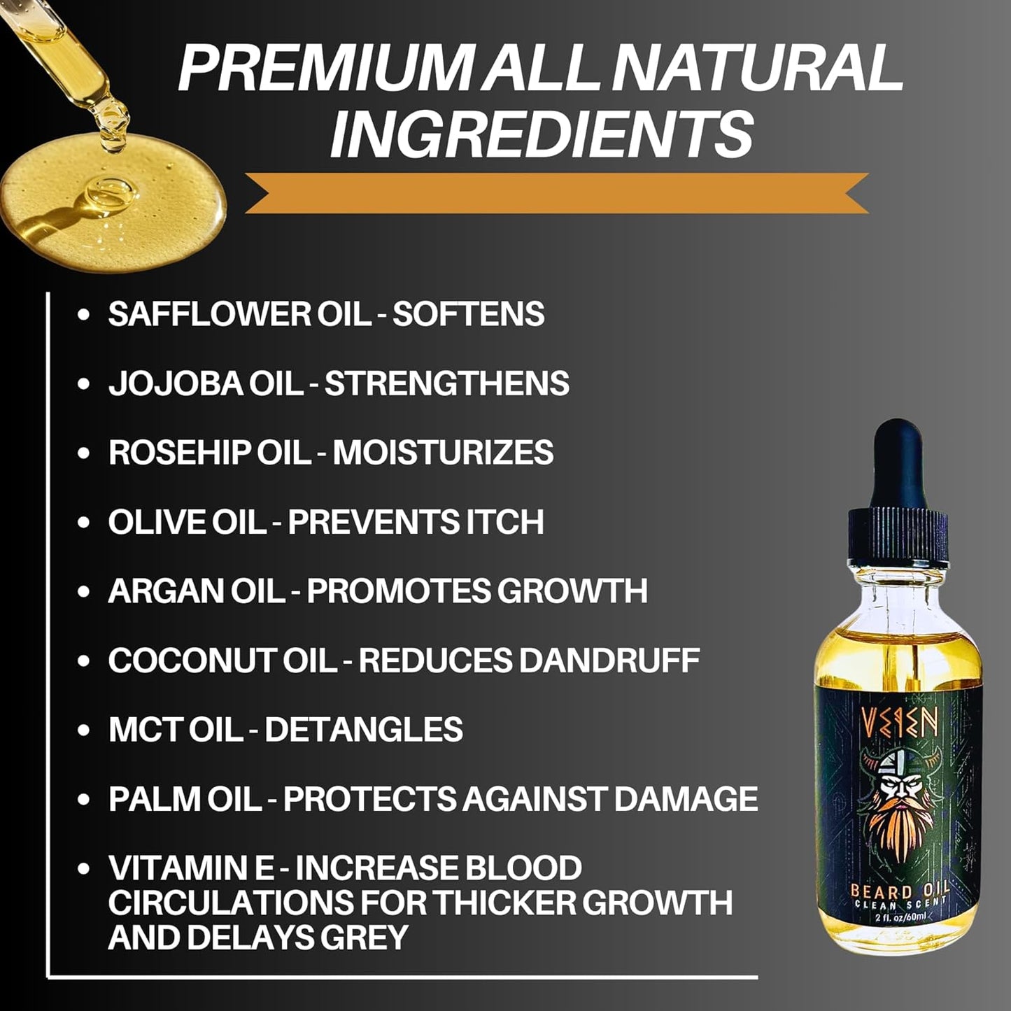 Veien Beard Oil for Men Premium All-Natural 2floz Made in USA for Thicker Darker Fuller Growth Moisturizes Conditions Softens Strengthens Smooths Frizz Hydrates for All Hair & Skin Types Reduces Itch