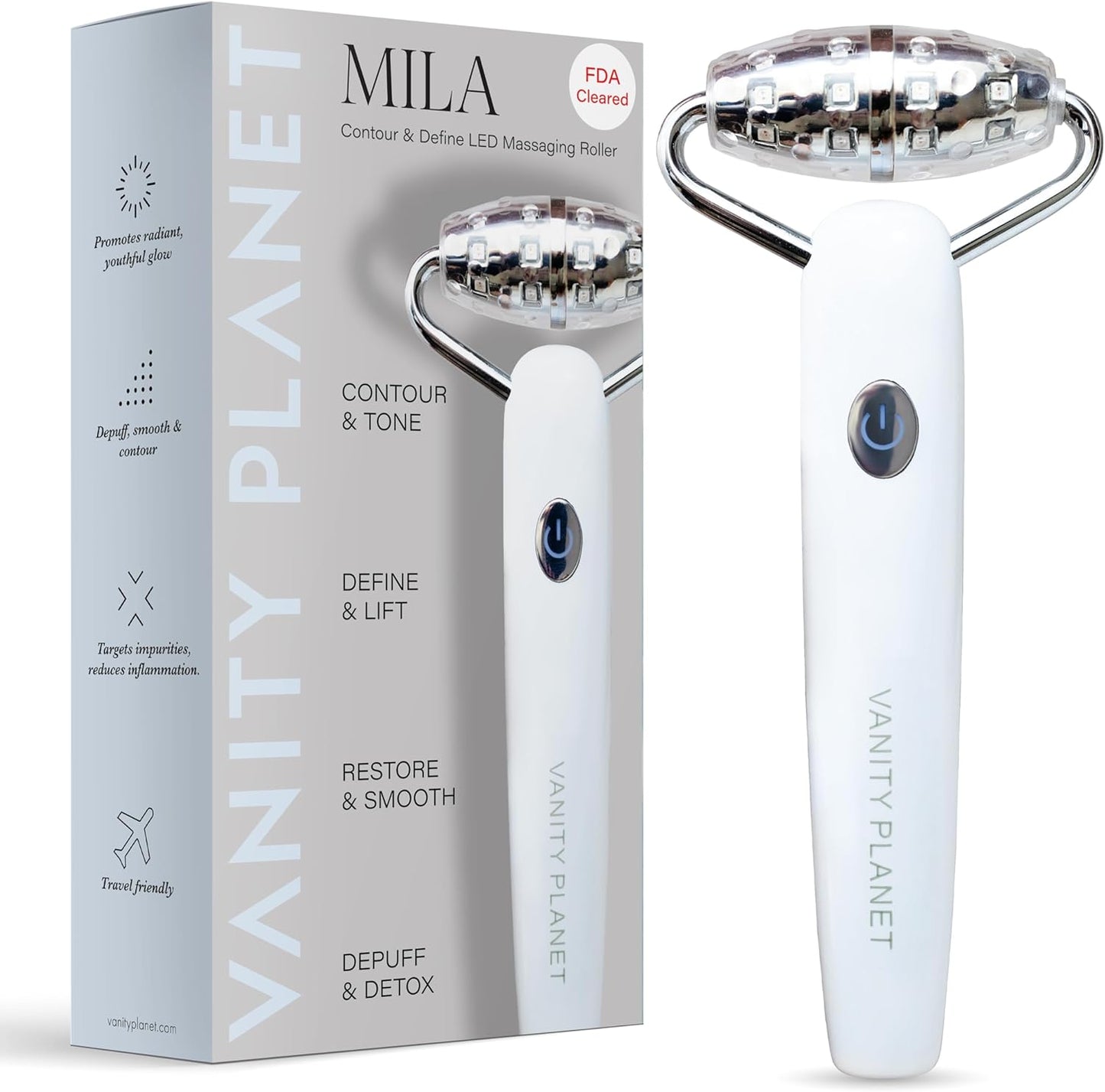 Vanity Planet Mila Contour & Define LED Facial Roller - 3-in-1 Skin Massager with Cooling, Sonic Vibration & Red Light - Ergonomic Anti-Aging Face Tool for Firming & Relaxation