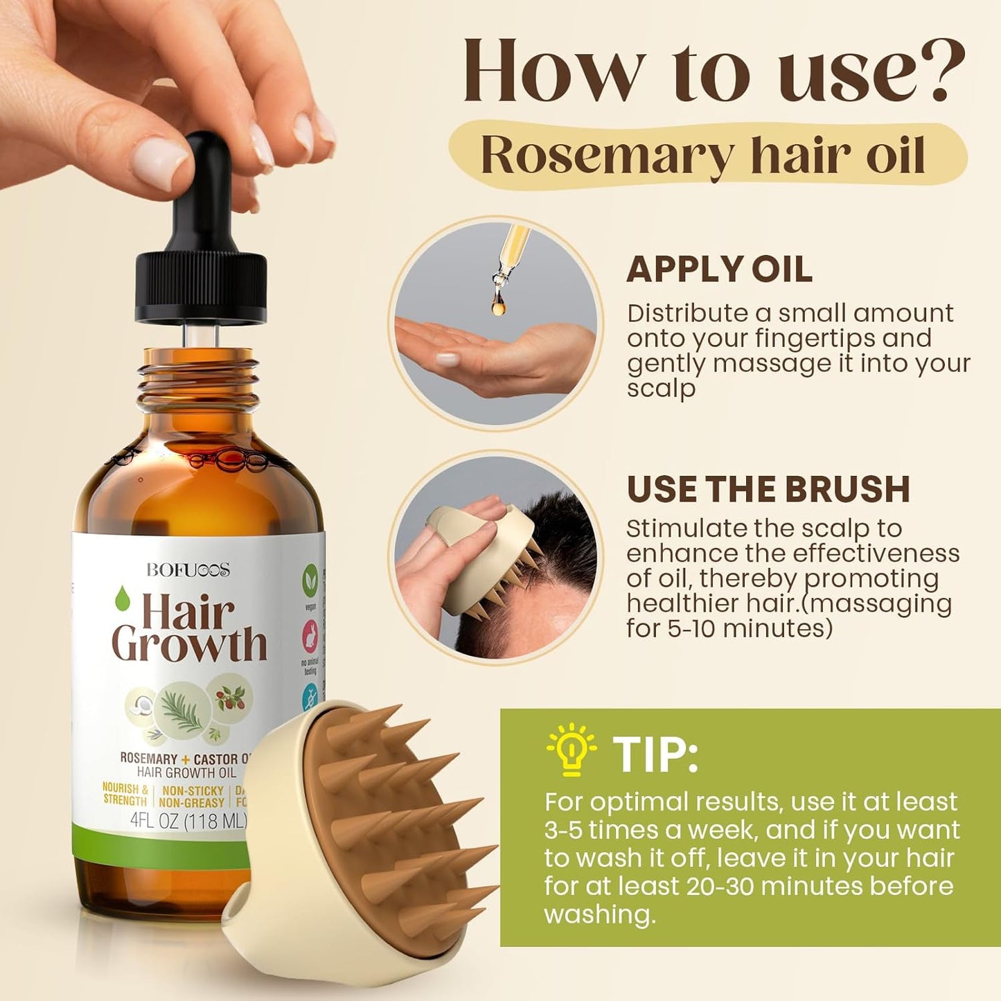 Organic Rosemary & Castor Hair Growth Oil + Scalp Massager Set – Premium Hair Strengthening Oil for Boosting Hair Health, Thickening, Soothing, Moisturizing and Natural Growth – 4.0 oz