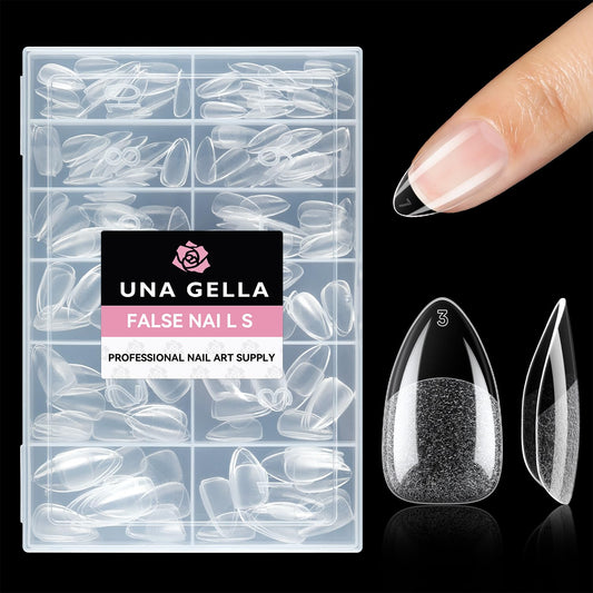 UNA GELLA Short Almond Fake Nails 216pcs Pre-shape Gel Acrylic Nail Tips for Full Cover Nail Extension Home DIY Nail Salon 12 Sizes Gelly Tips