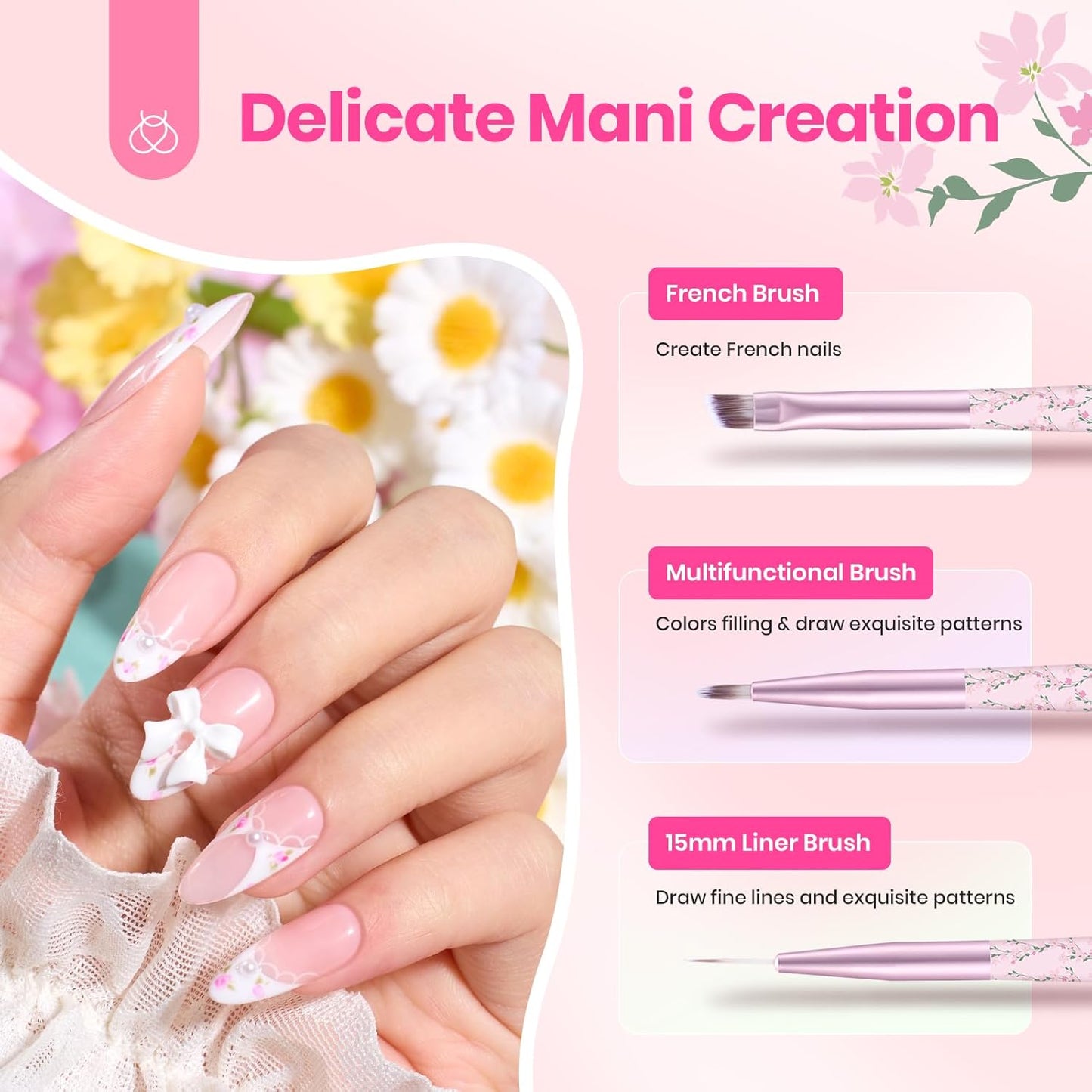 beetles Gel Polish Nail Art Brushes Set 6 Pcs Nail Brush and 8 ml Pink Painting Gel, Floral Pattern Handle Gradient Bristles Fingernail Art Pens DIY with Bowknot Accessories Manicure Design Tools Set
