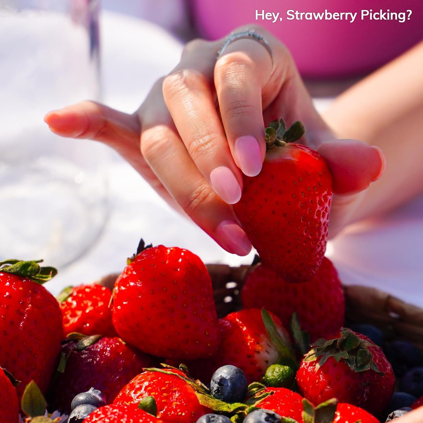 Semi Cured Gel Nail Strips | No LED Lamp Needed | Solid, Pink, Spring | Easy Apply & Remove, Salon Quality | Includes 28 Strips, 1 Prep Pads, Nail File & Wooden stick - Hey, Strawberry Picking?