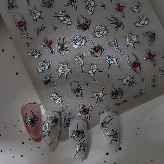 Spider Web Nail Stickers Flower Nail Decals with Rhinestone Design 5D Self Adhesive Nails Art Stickers Charms Supply for Women Girls Kid Halloween Manicure DIY Decoration Accessories