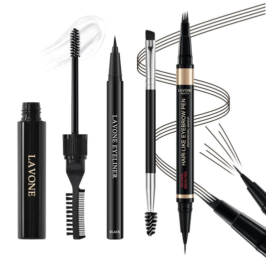 Eyebrow Pen Kit, with Microblading Eyebrow Pen, Eyebrow Gel, Eyeliner, Eyebrow Brush, Eyebrow Pencils for Women, Waterproof, Smudge Proof, Long Lasting Makeup Formula - Ebony