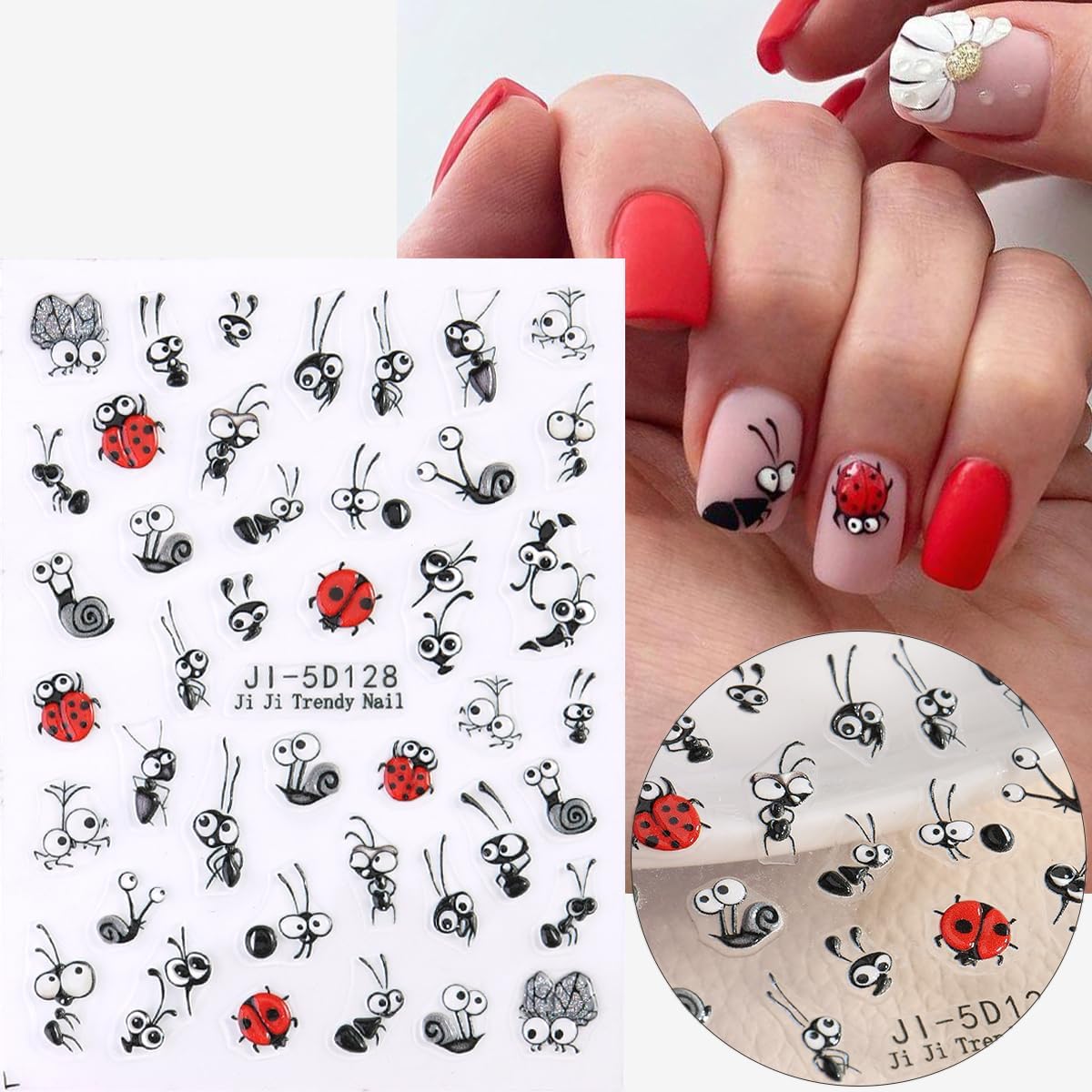 Ladybugs Nail Stickers Bees Ants Snails Daisy 5D Embossed Flowers Nail Stickers Cute Cartoon Insects Animals Nail Decals Ladybird Stickers for Nail Art Butterfly Nail Charms Nail Decoration