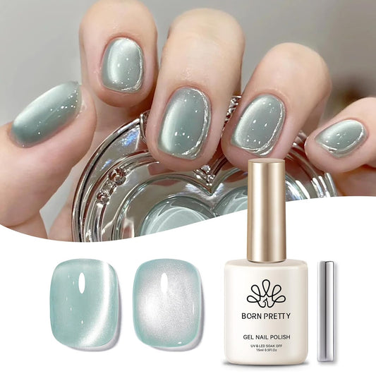 Born Pretty Cat Magnetic Eye Gel Nail Polish, Green Moonlight Cat Magnetic Gel, Glass Shiny Effect Green Soak Off Nail Art Salon Manicure Home Gift 15ml