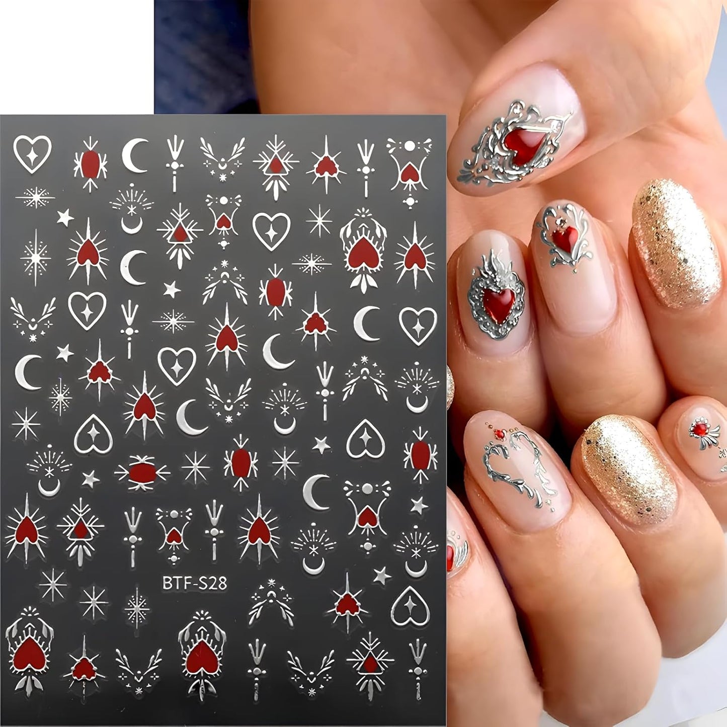 Star Nail Art Stickers - 12 Sheets, 3D Self-Adhesive Gold Moon, Red Heart, Silver Star Designs for Nail Art Decoration